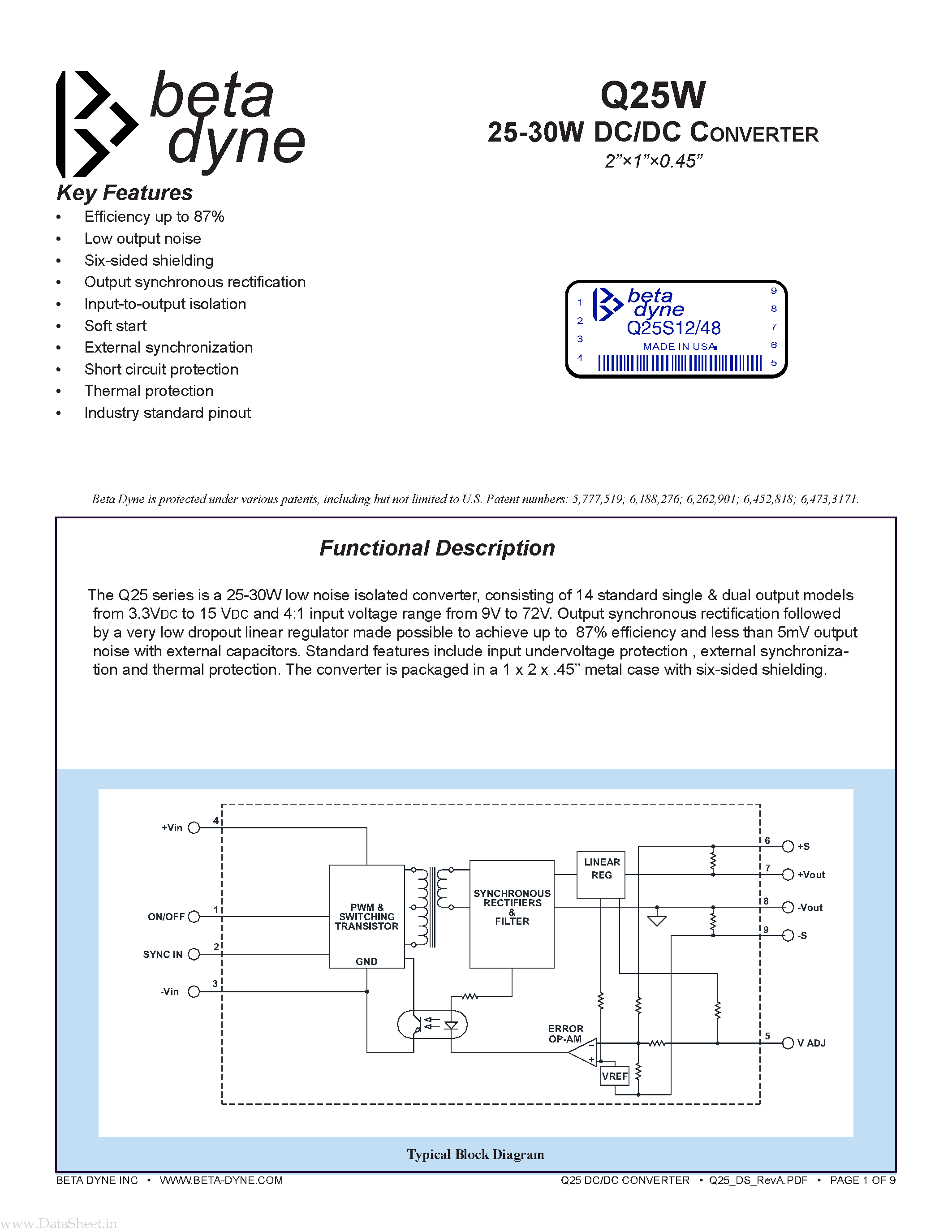 Datasheet Q25D12/24 - 25-30W DC/DC Converter page 1