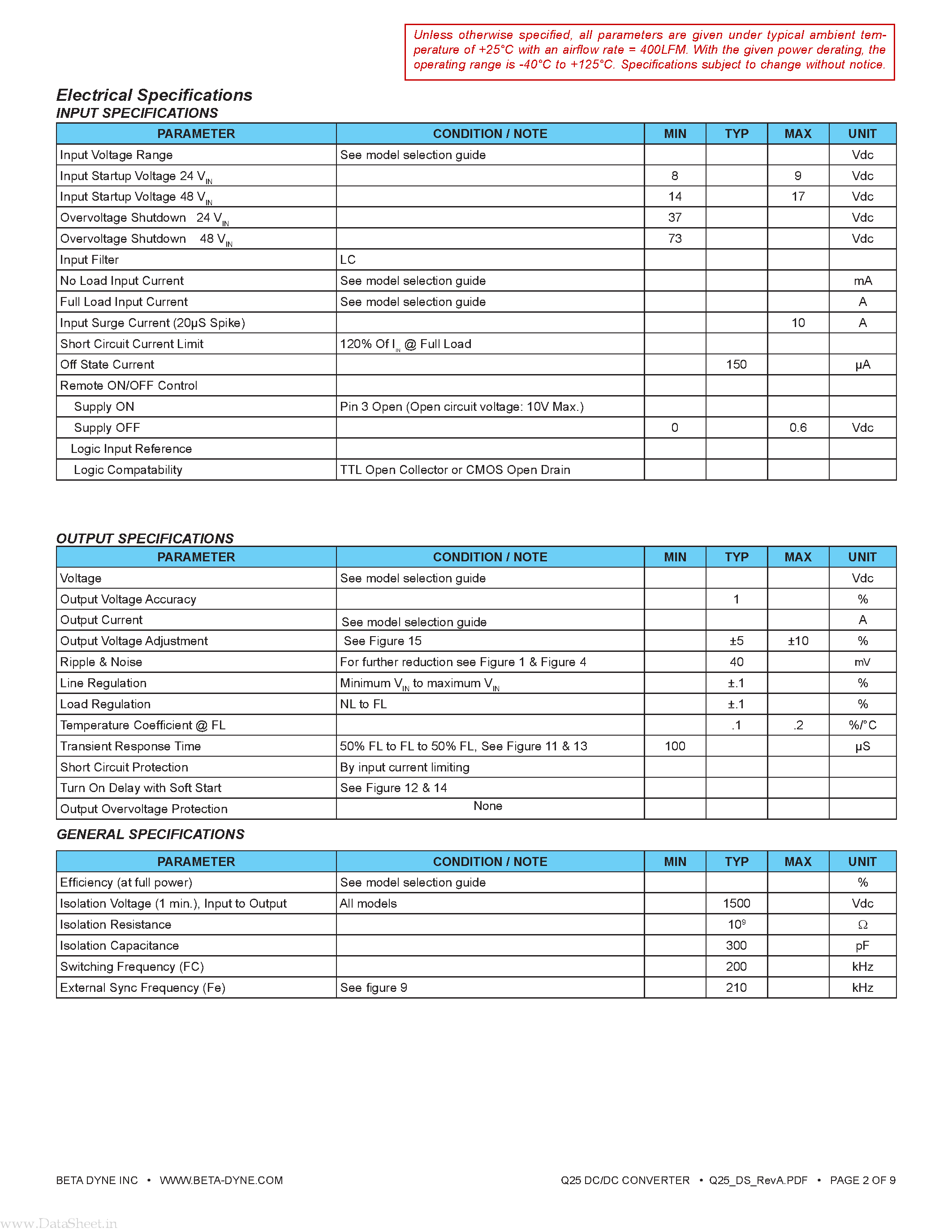 Datasheet Q25D12/24 - 25-30W DC/DC Converter page 2