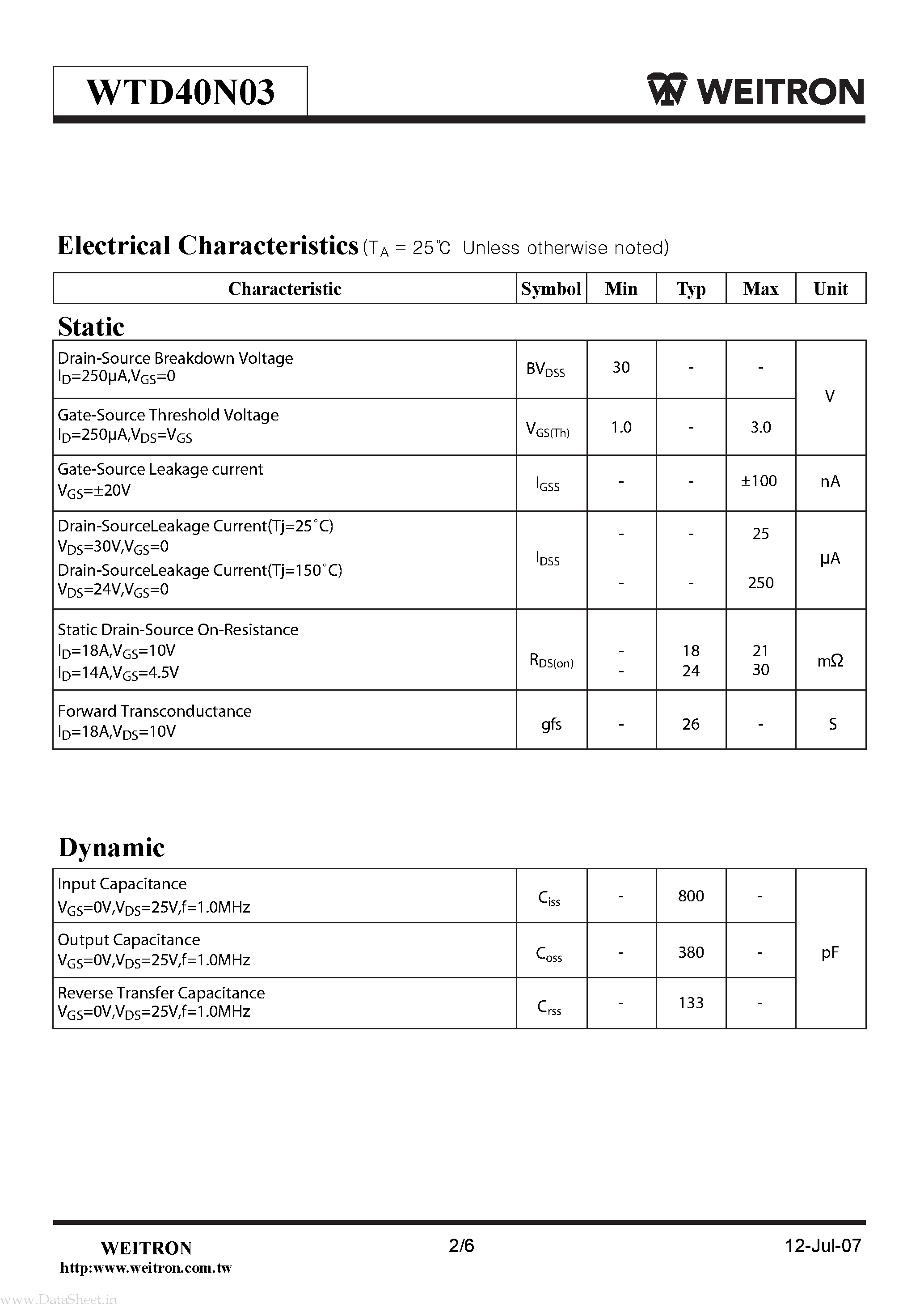 Даташит на микросхему WTD40N03 страница 2 Даташит WTD40N03 - Surface Mount P-Channel Enhancement Mode POWER MOSFET страница 2