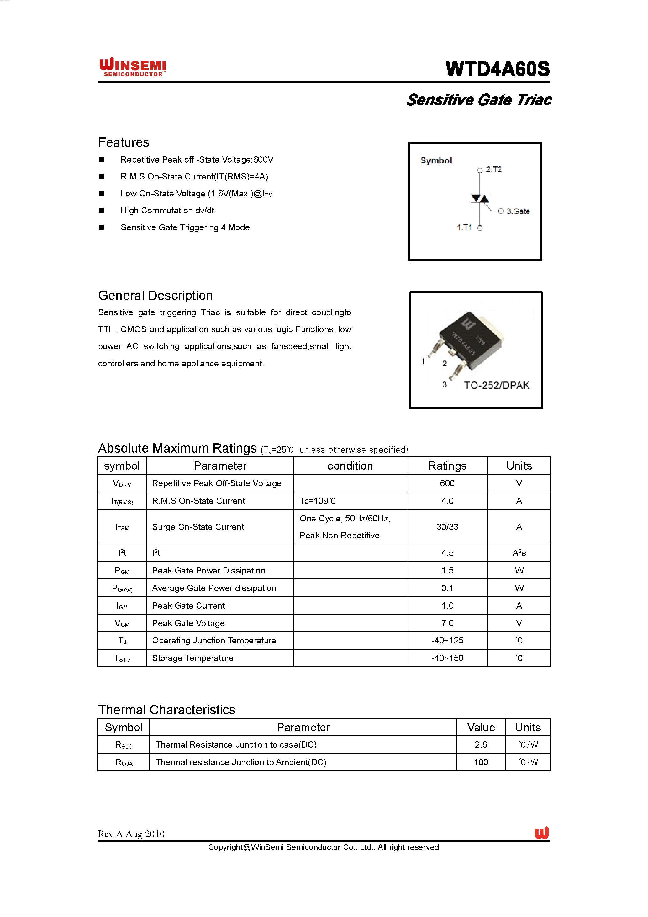 Datasheet WTD4A60S page 1 Datasheet WTD4A60S - Sensitive Gate Triac page 1