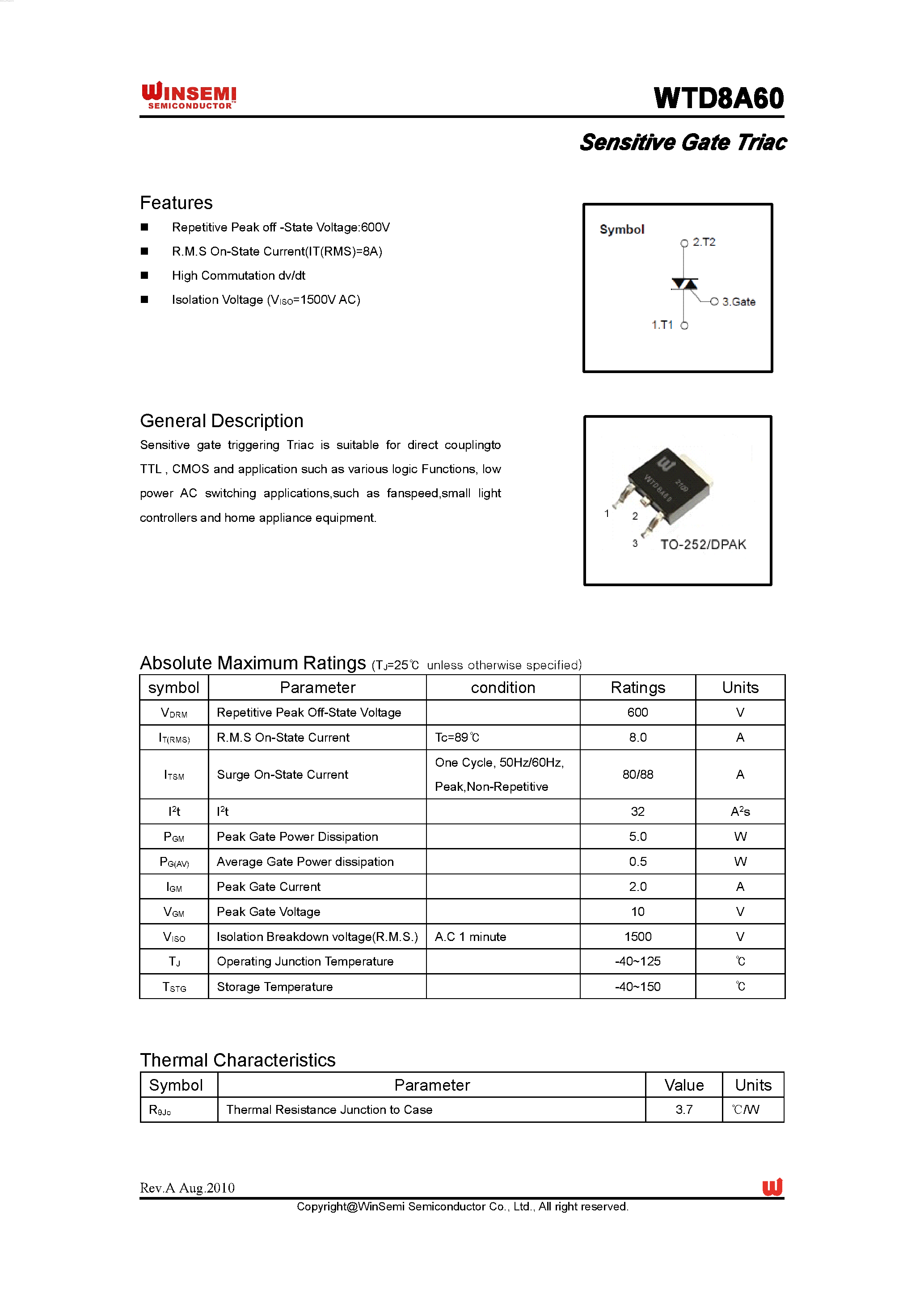 Datasheet WTD8A60 - Sensitive Gate Triac page 1