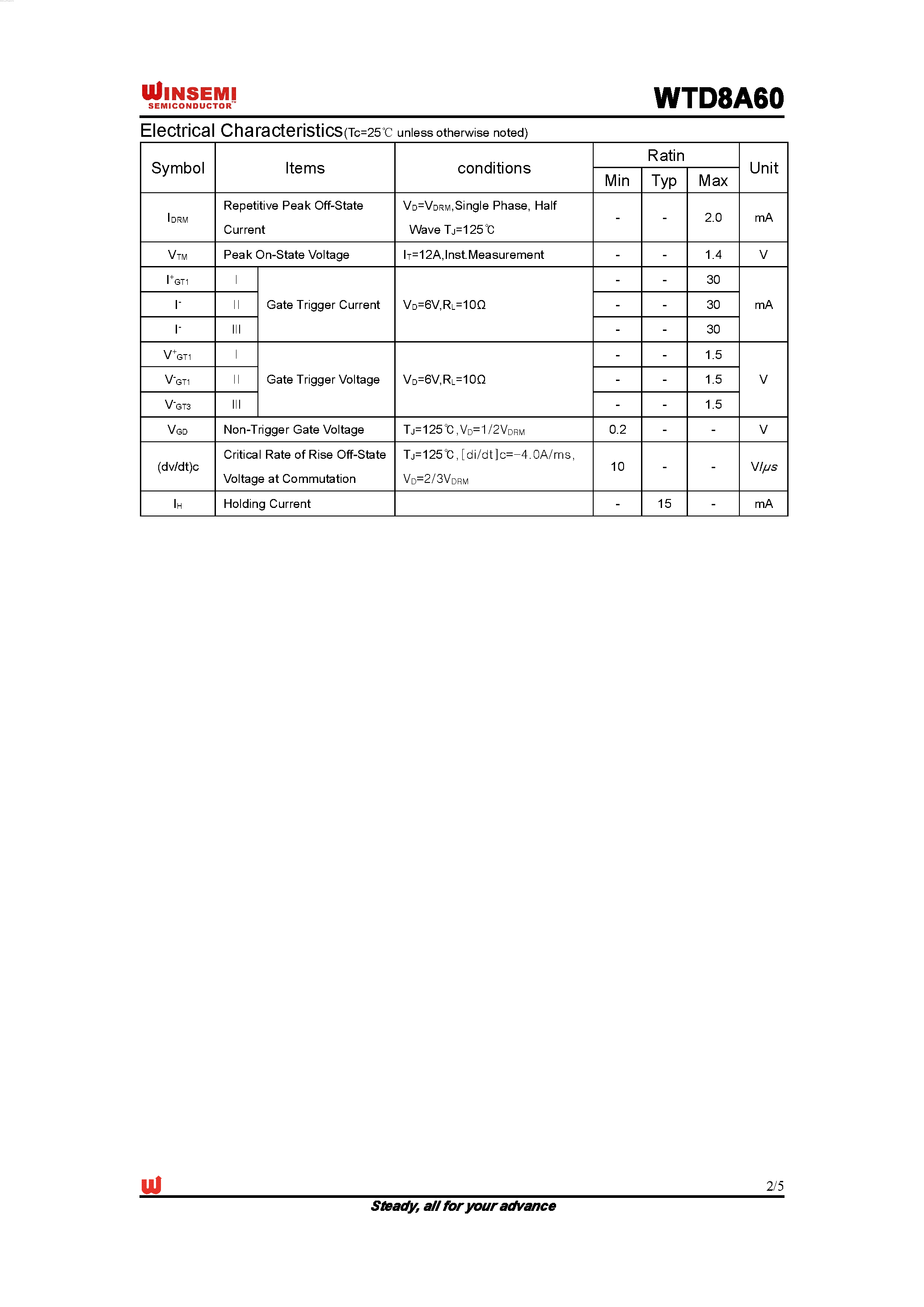 Datasheet WTD8A60 - Sensitive Gate Triac page 2