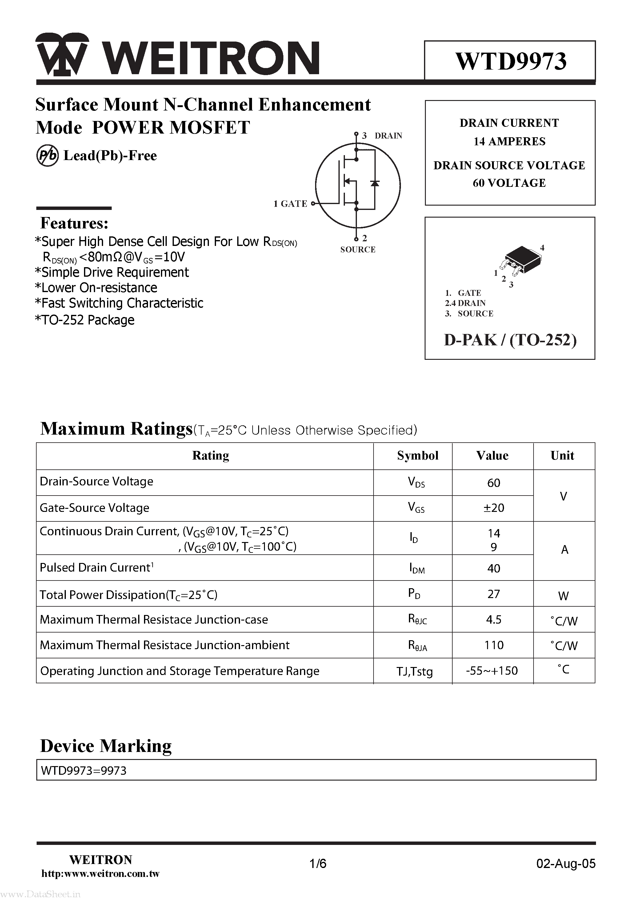 Datasheet WTD9973 page 1 Datasheet WTD9973 - Surface Mount N-Channel Enhancement Mode POWER MOSFET page 1