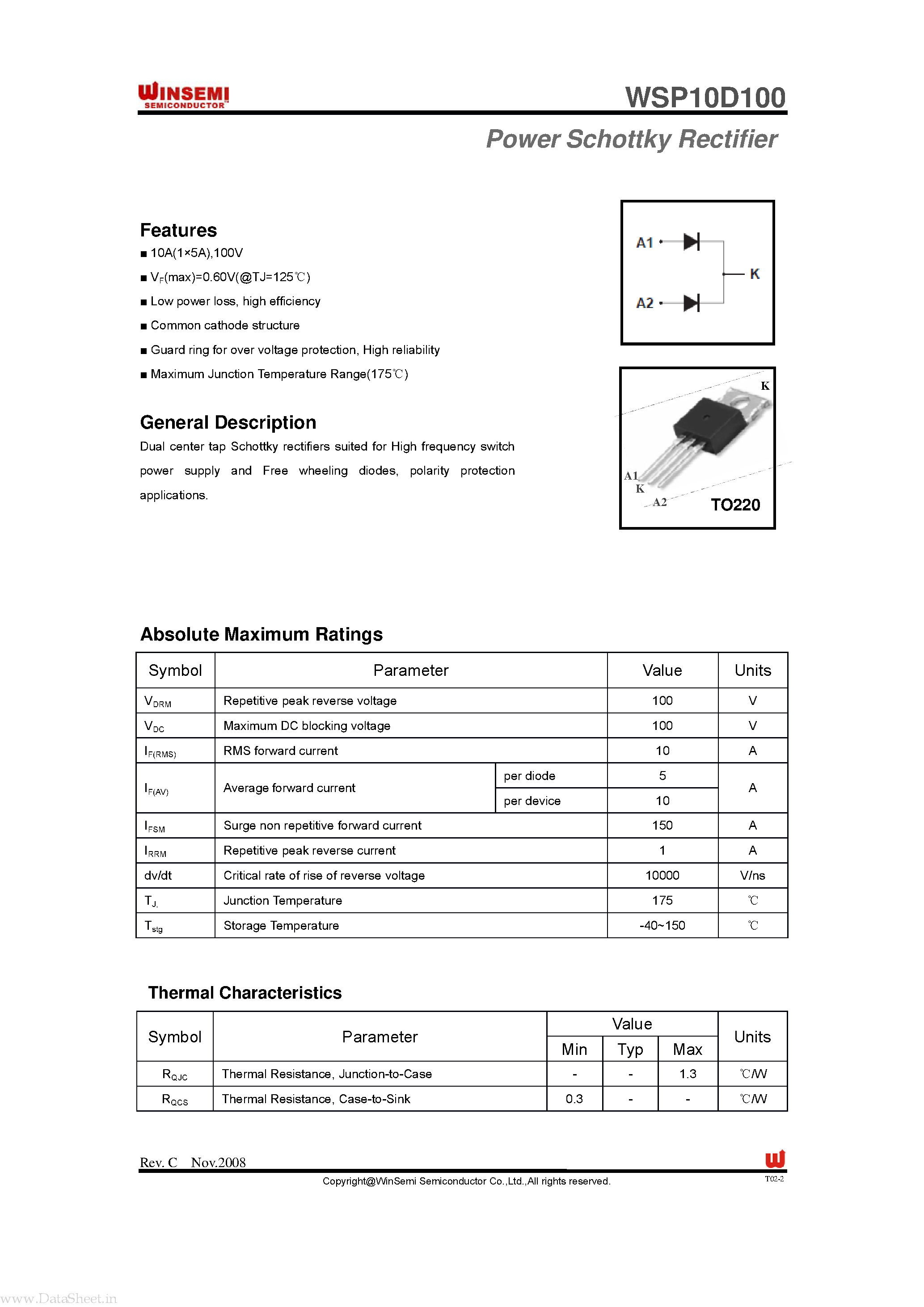 Datasheet WSP10D100 - Power Schottky Rectifier page 1