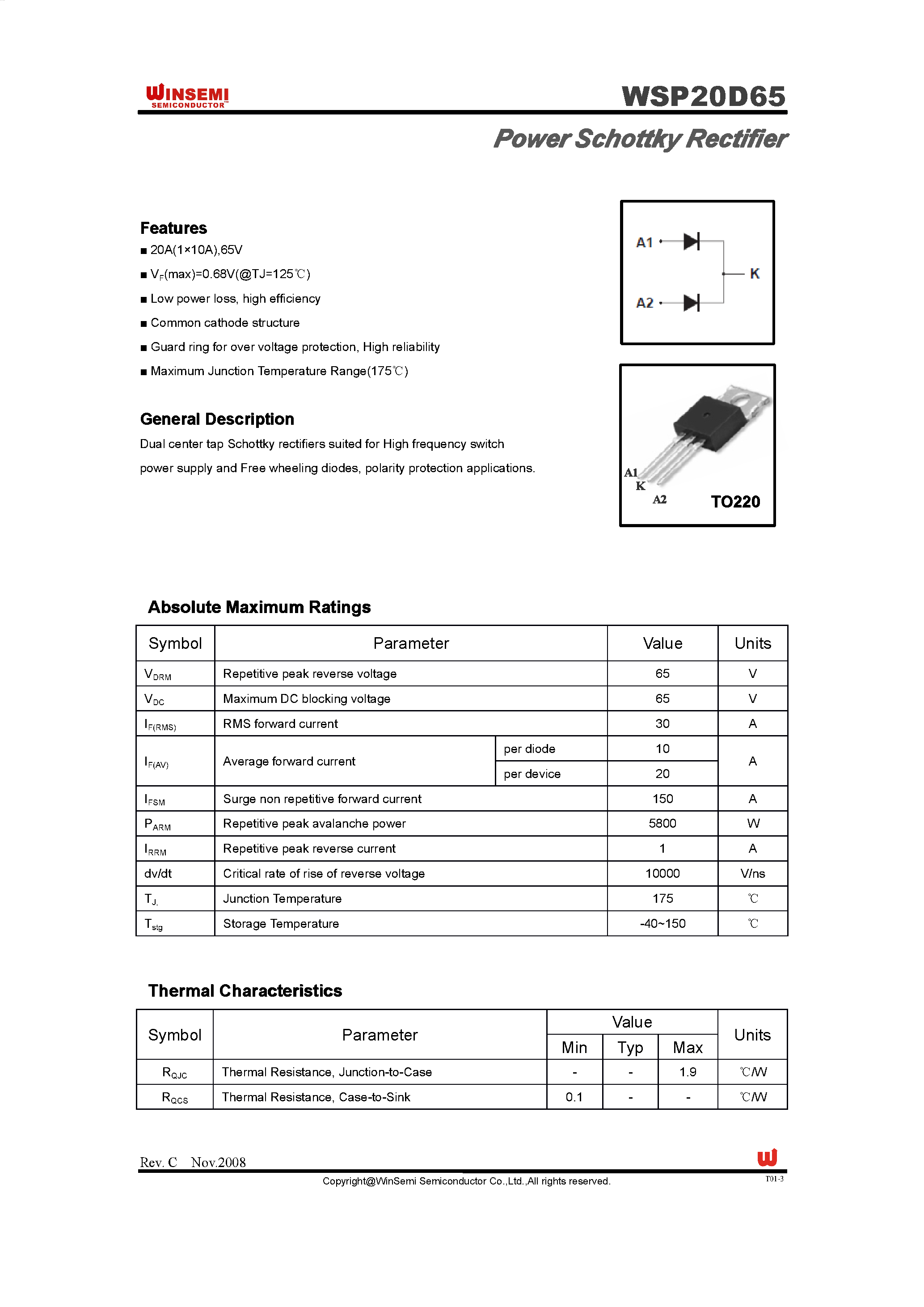 Datasheet WSP20D65 - Power Schottky Rectifier page 1