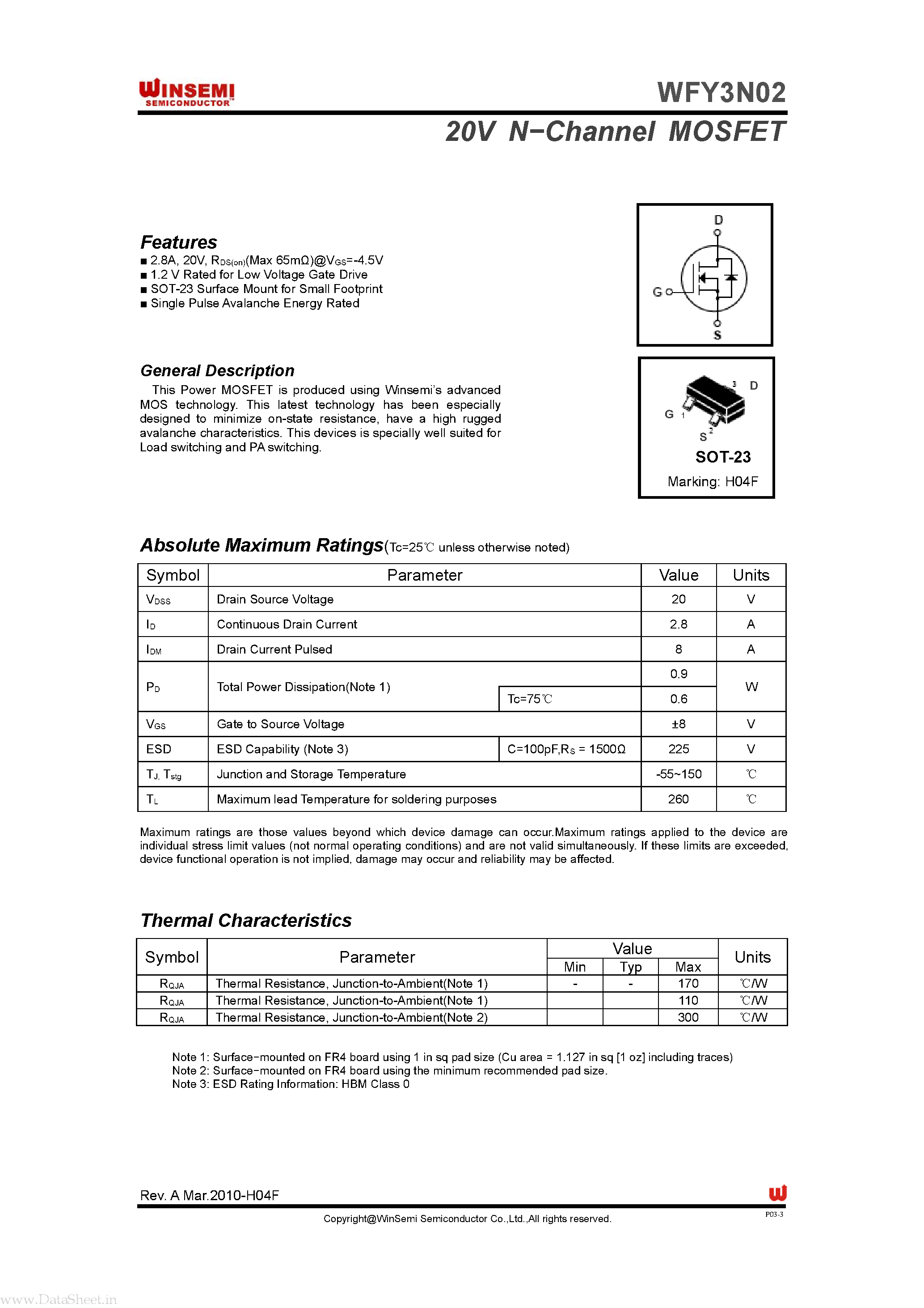 Datasheet WFY3N02 page 1 Datasheet WFY3N02 - 20V N-Channel MOSFET page 1