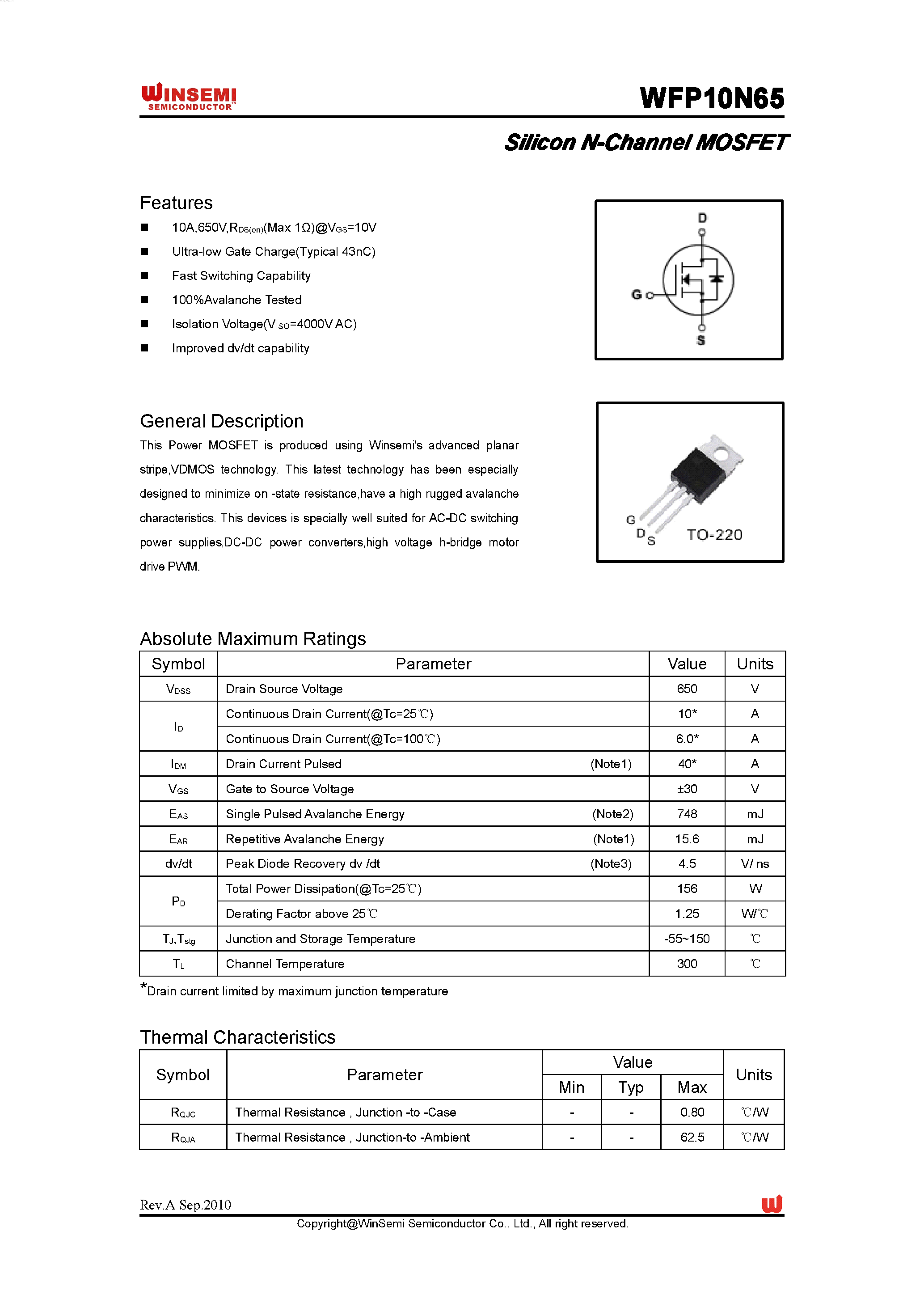 Даташит на микросхему WFP10N65 страница 1 Даташит WFP10N65 - Silicon N-Channel MOSFET страница 1