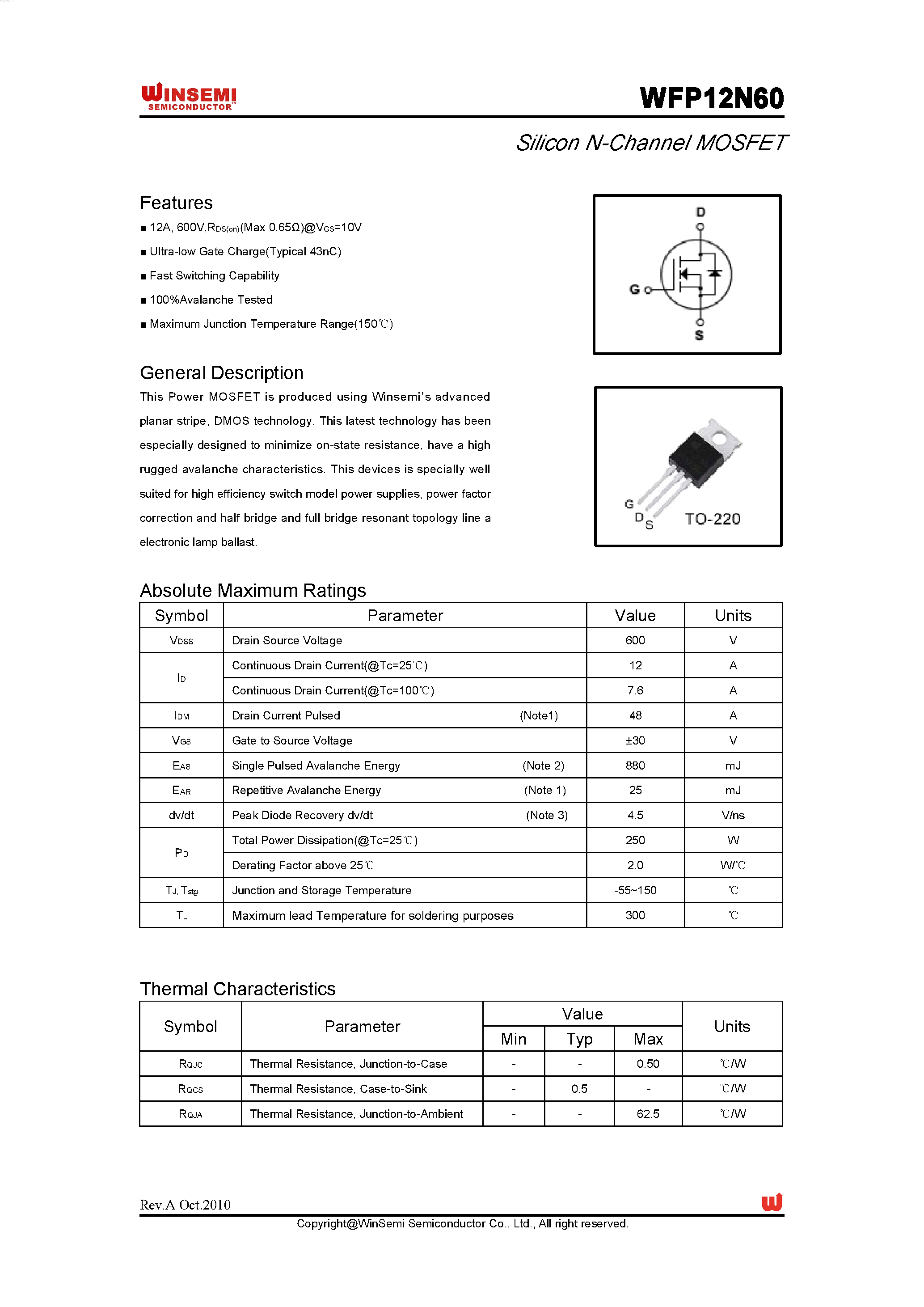 Datasheet WFP12N60 - Silicon N-Channel MOSFET page 1