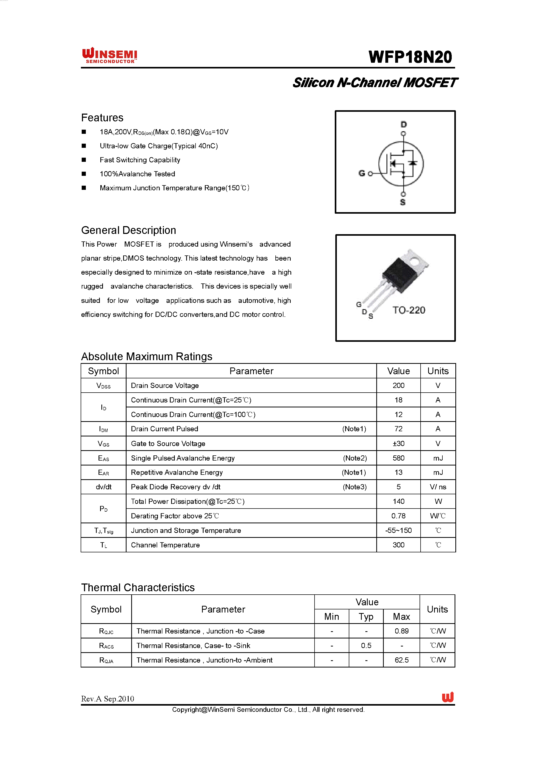 Datasheet WFP18N20 page 1 Datasheet WFP18N20 - Silicon N-Channel MOSFET page 1