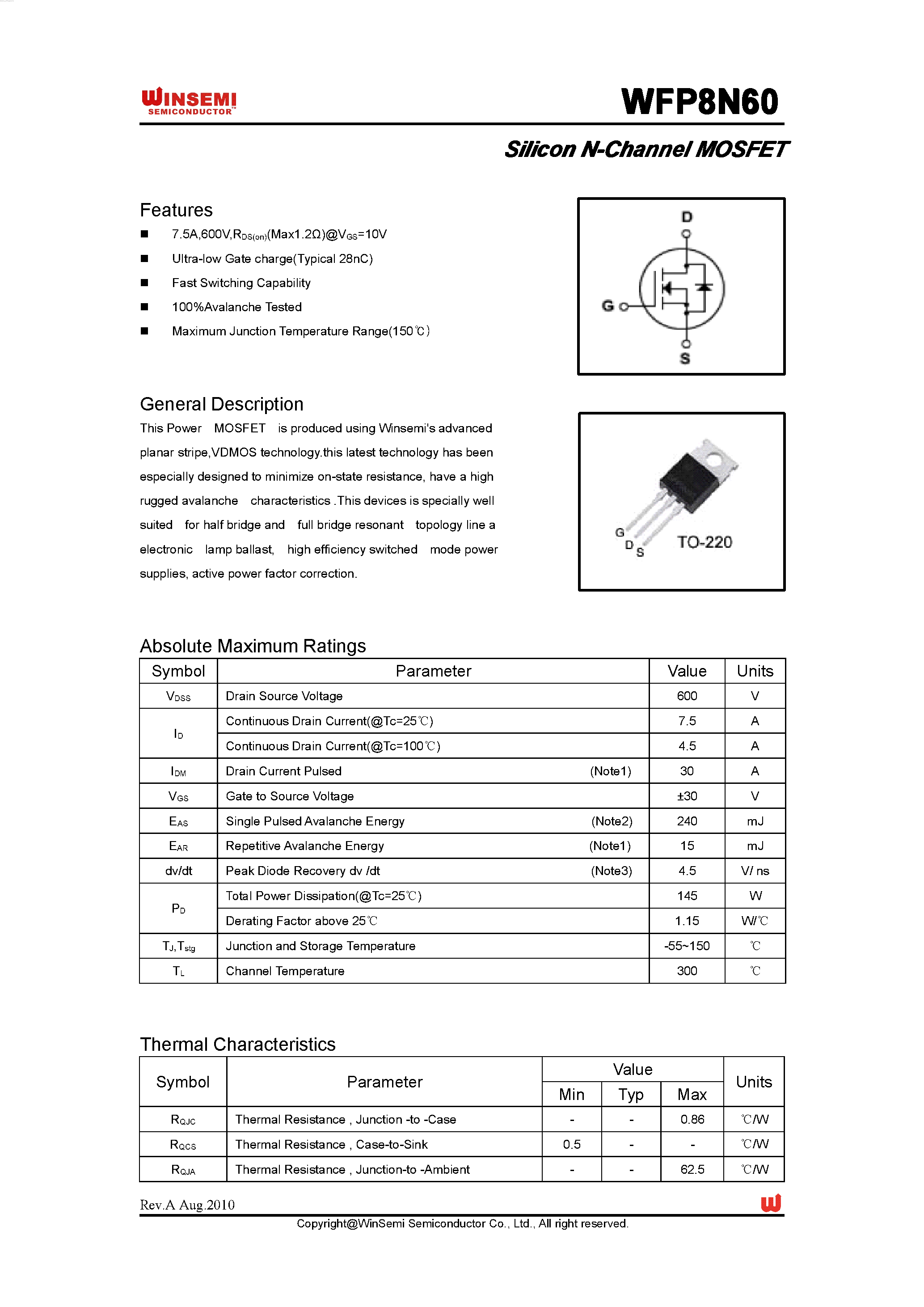 Datasheet WFP8N60 - Silicon N-Channel MOSFET page 1