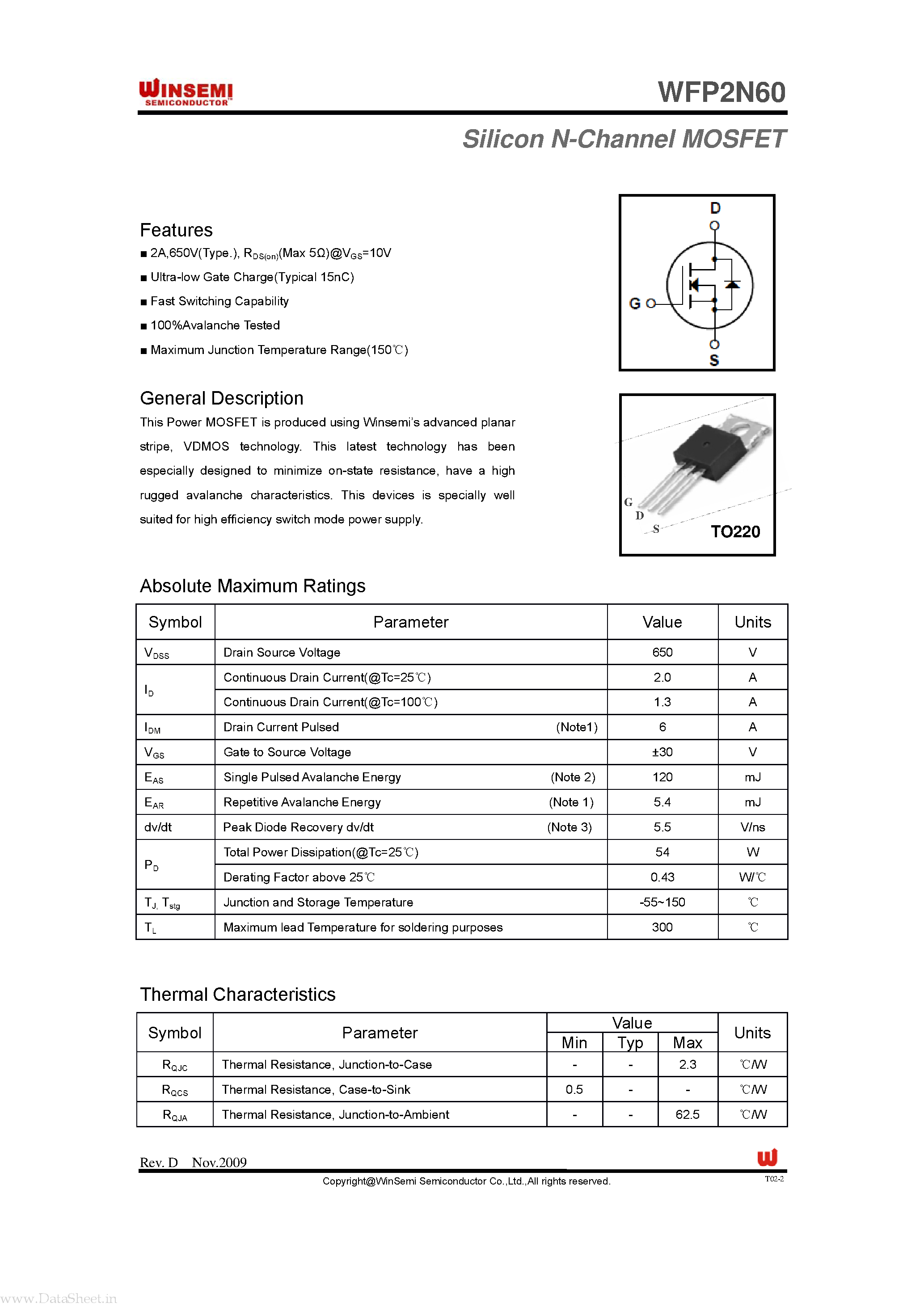 Datasheet WFP2N60 - Silicon N-Channel MOSFET page 1