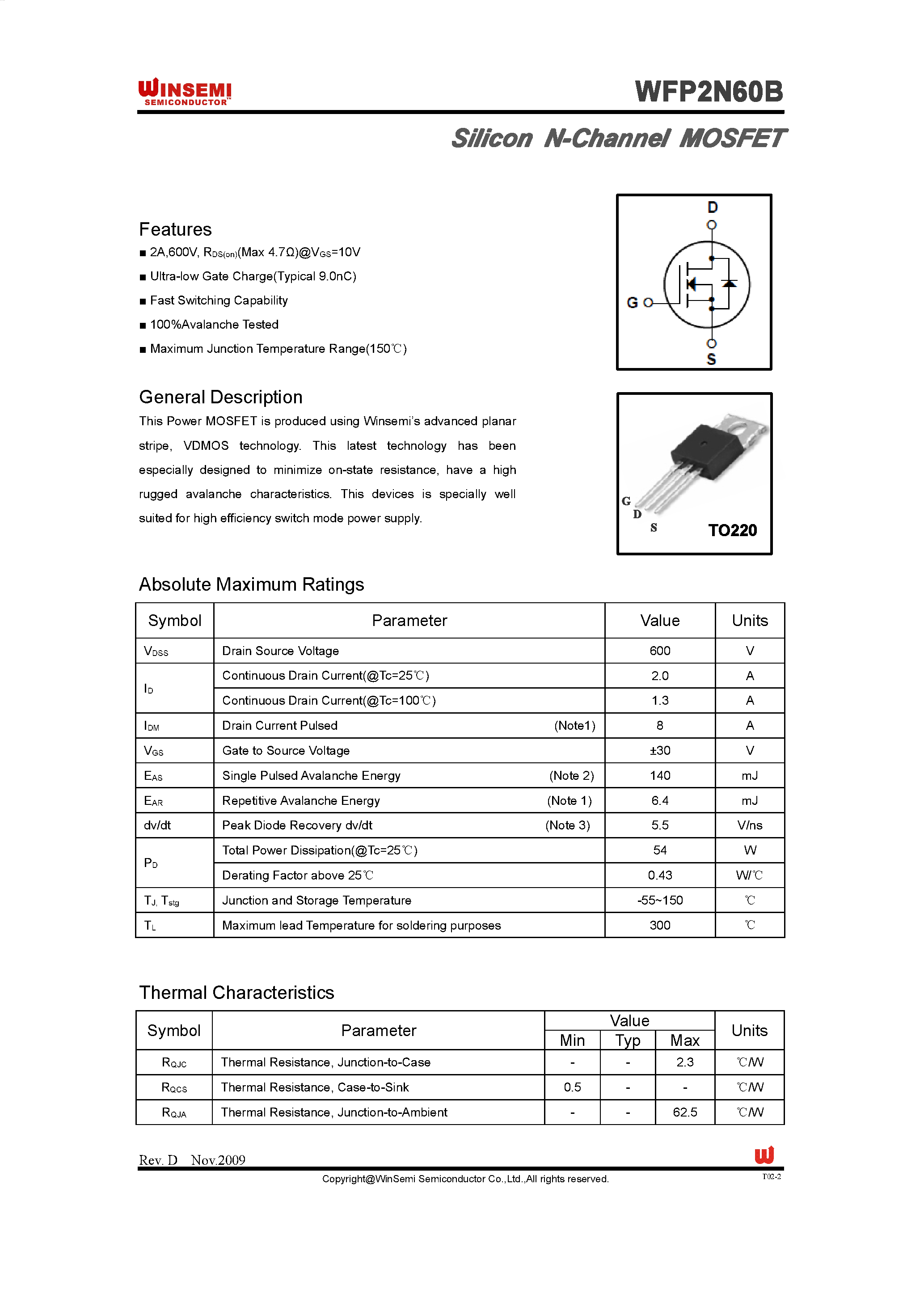 Datasheet WFP2N60B - Silicon N-Channel MOSFET page 1
