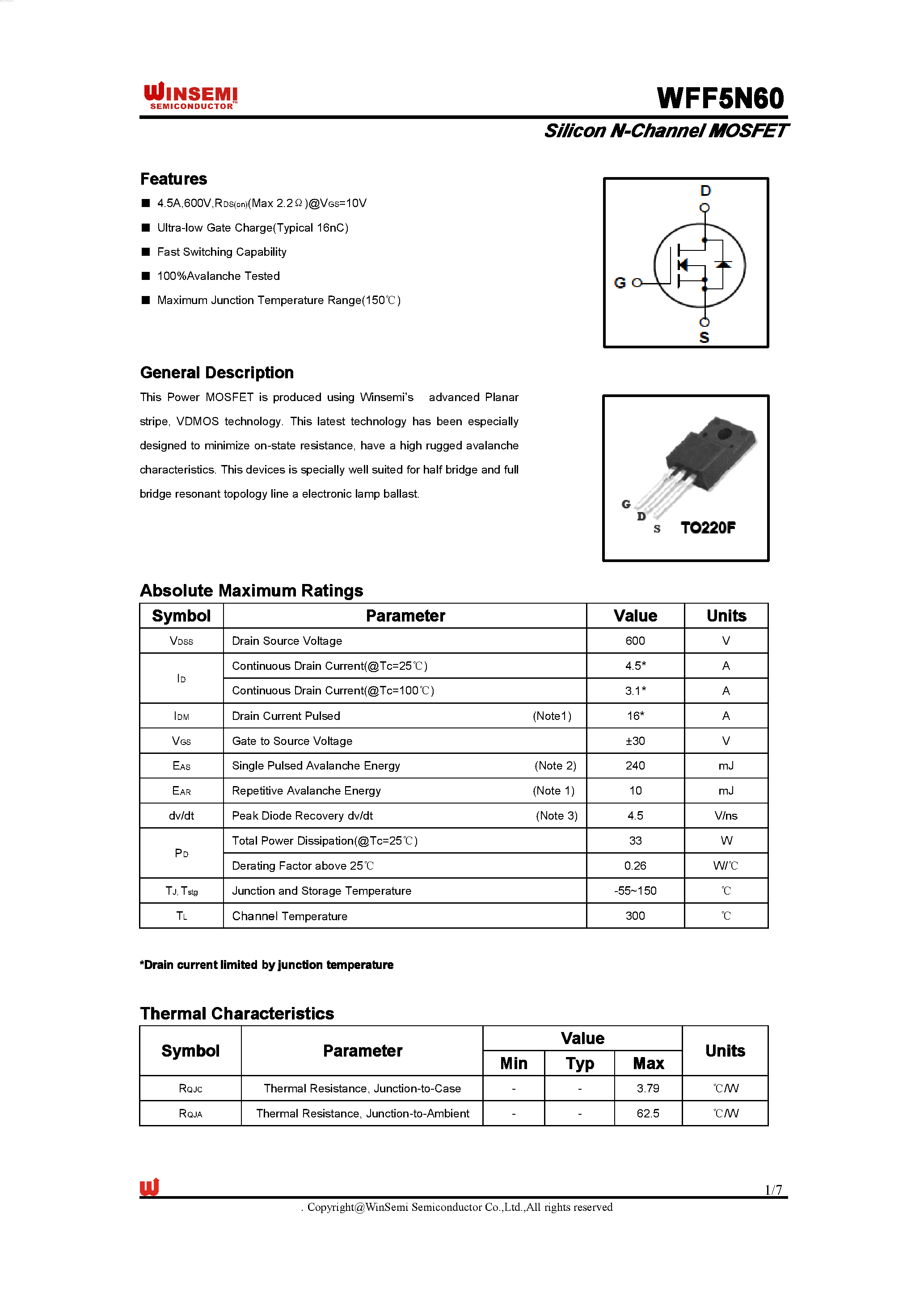 Даташит на микросхему WFF5N60 страница 1 Даташит WFF5N60 - Silicon N-Channel MOSFET страница 1