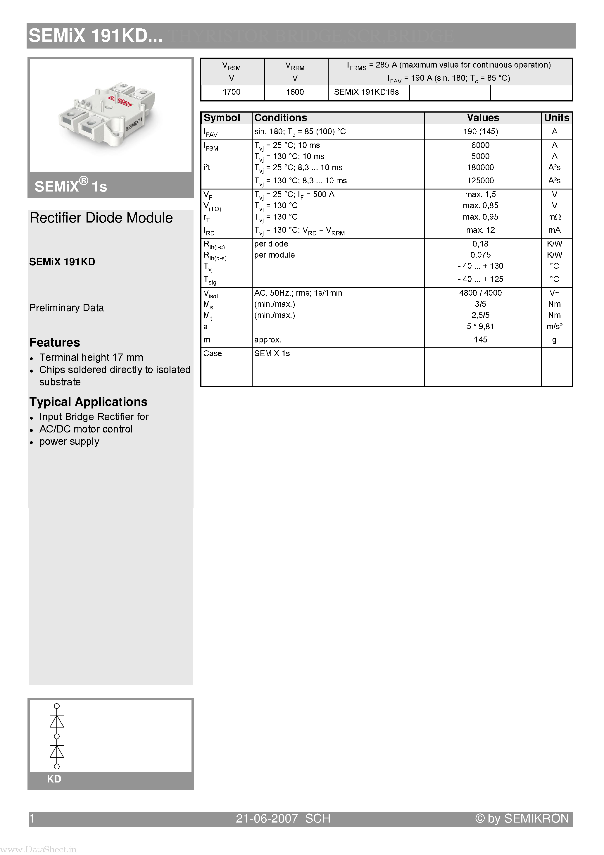 Datasheet SEMIX191KD - Rectifier Diode Module page 1