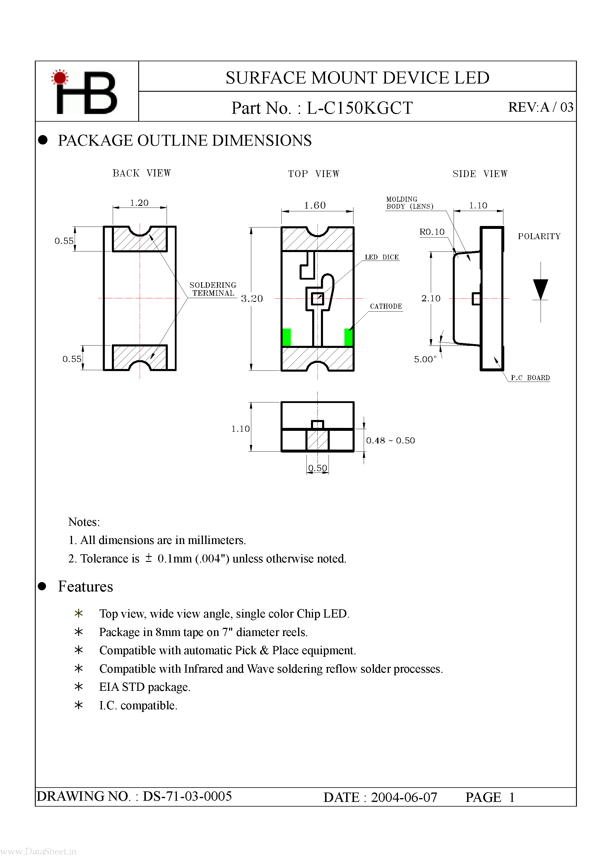 Даташит на микросхему L-C150KGCT страница 1 Даташит L-C150KGCT - SURFACE MOUNT DEVICE LED страница 1