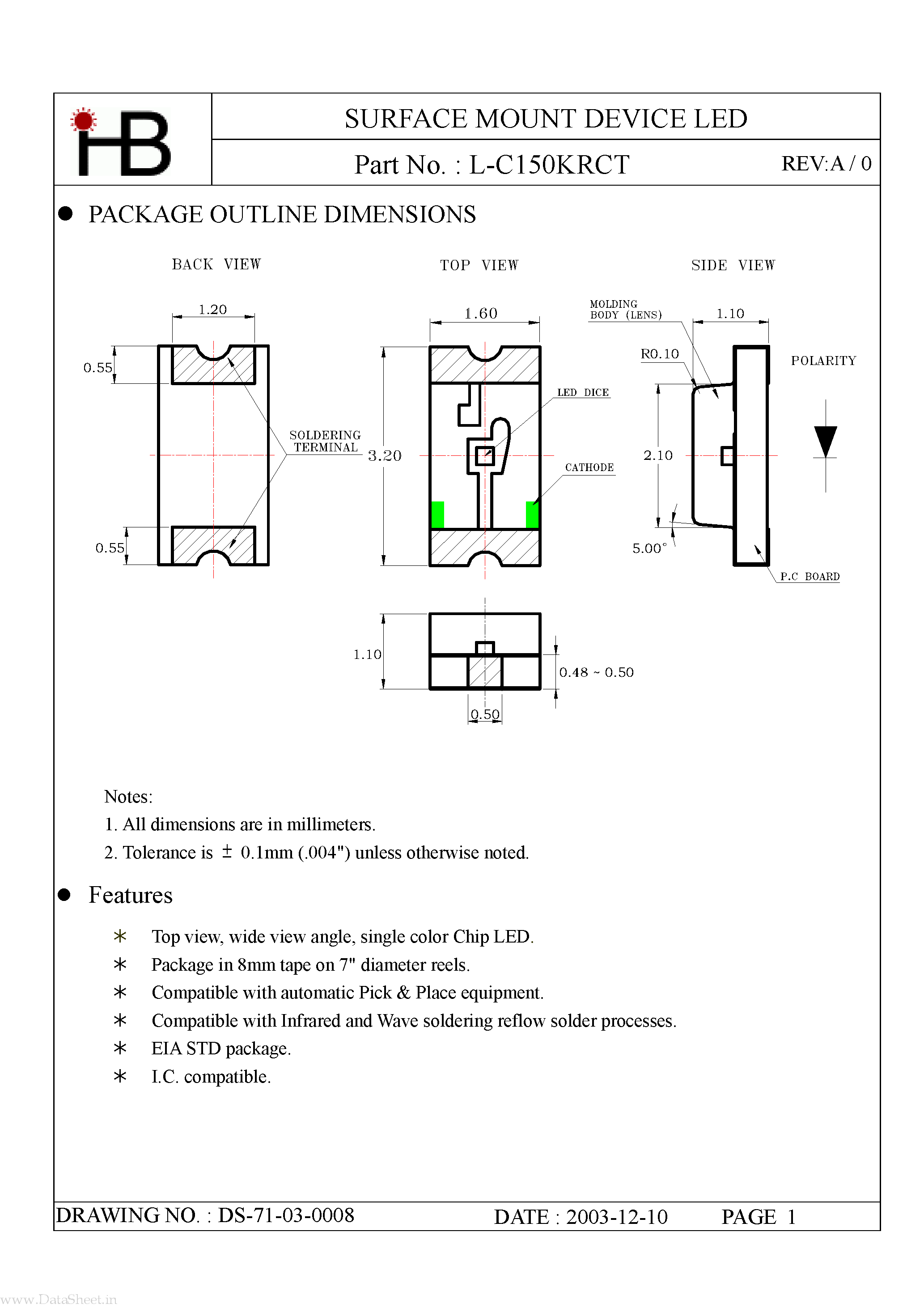 Даташит L-C150KRCT - SURFACE MOUNT DEVICE LED страница 1