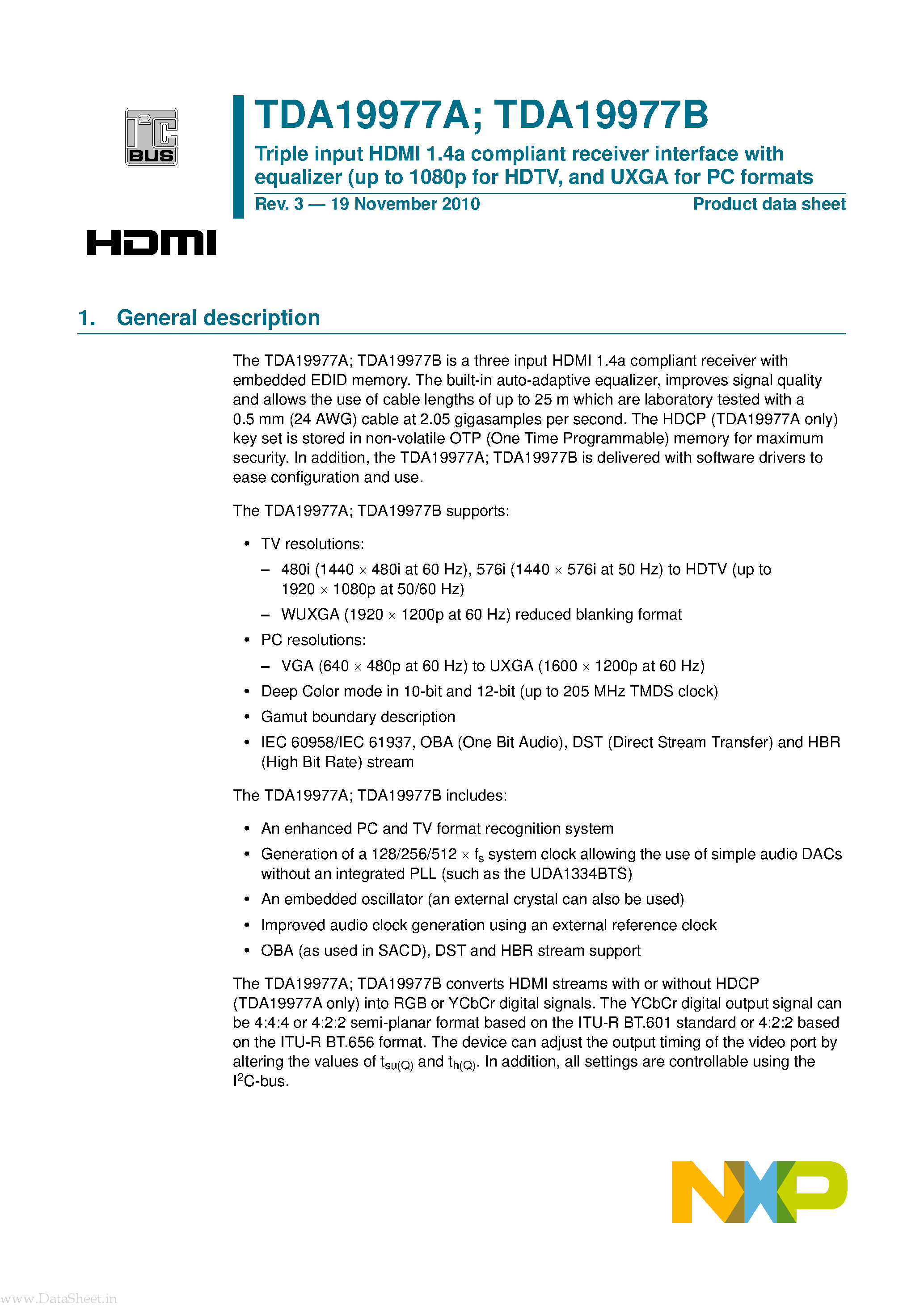 Datasheet TDA19977B page 1 Datasheet TDA19977B - Triple input HDMI 1.4a compliant receiver interface page 1