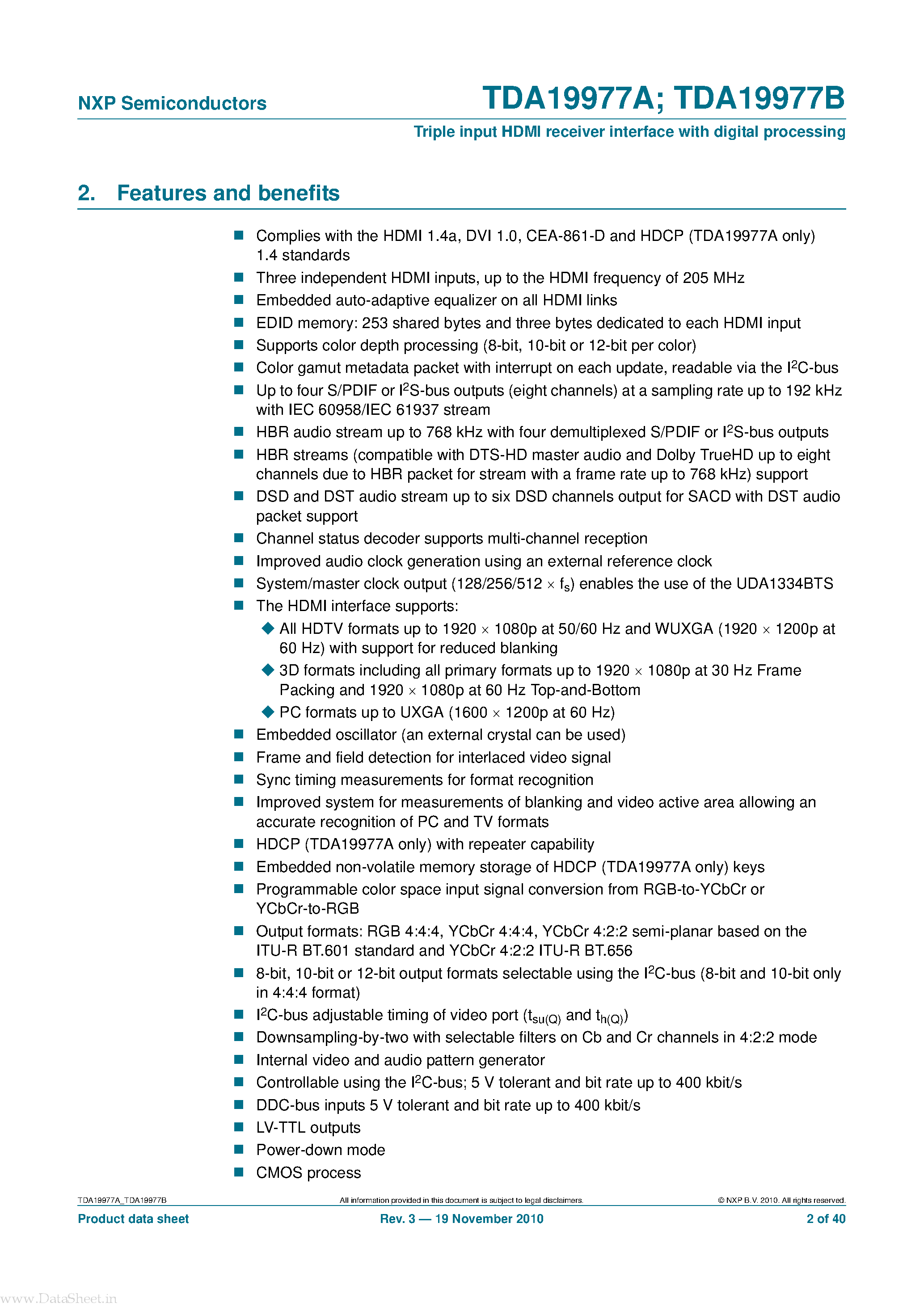 Datasheet TDA19977B page 2 Datasheet TDA19977B - Triple input HDMI 1.4a compliant receiver interface page 2