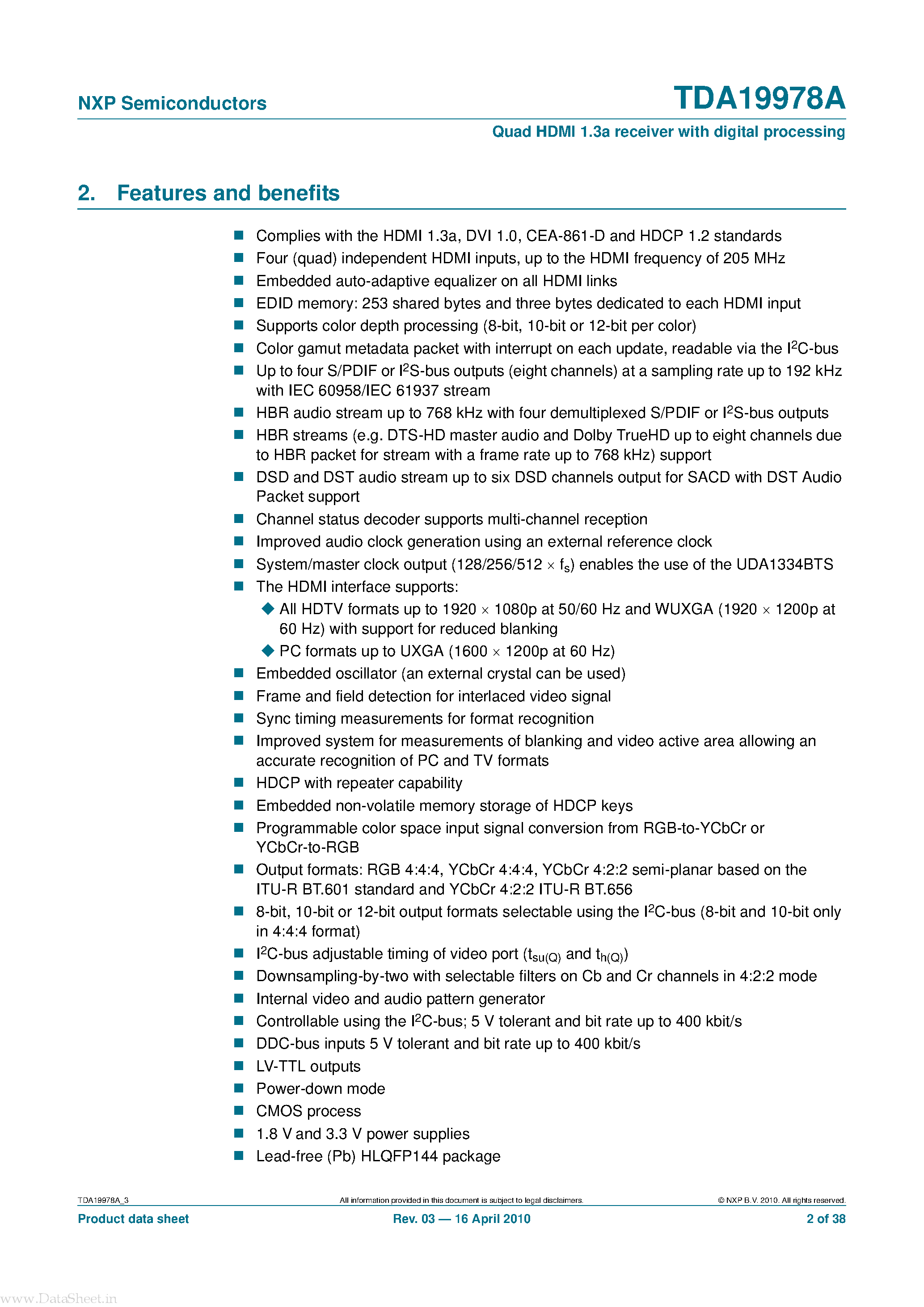 Datasheet TDA19978A page 2 Datasheet TDA19978A - Quad HDMI 1.3a receiver interface page 2