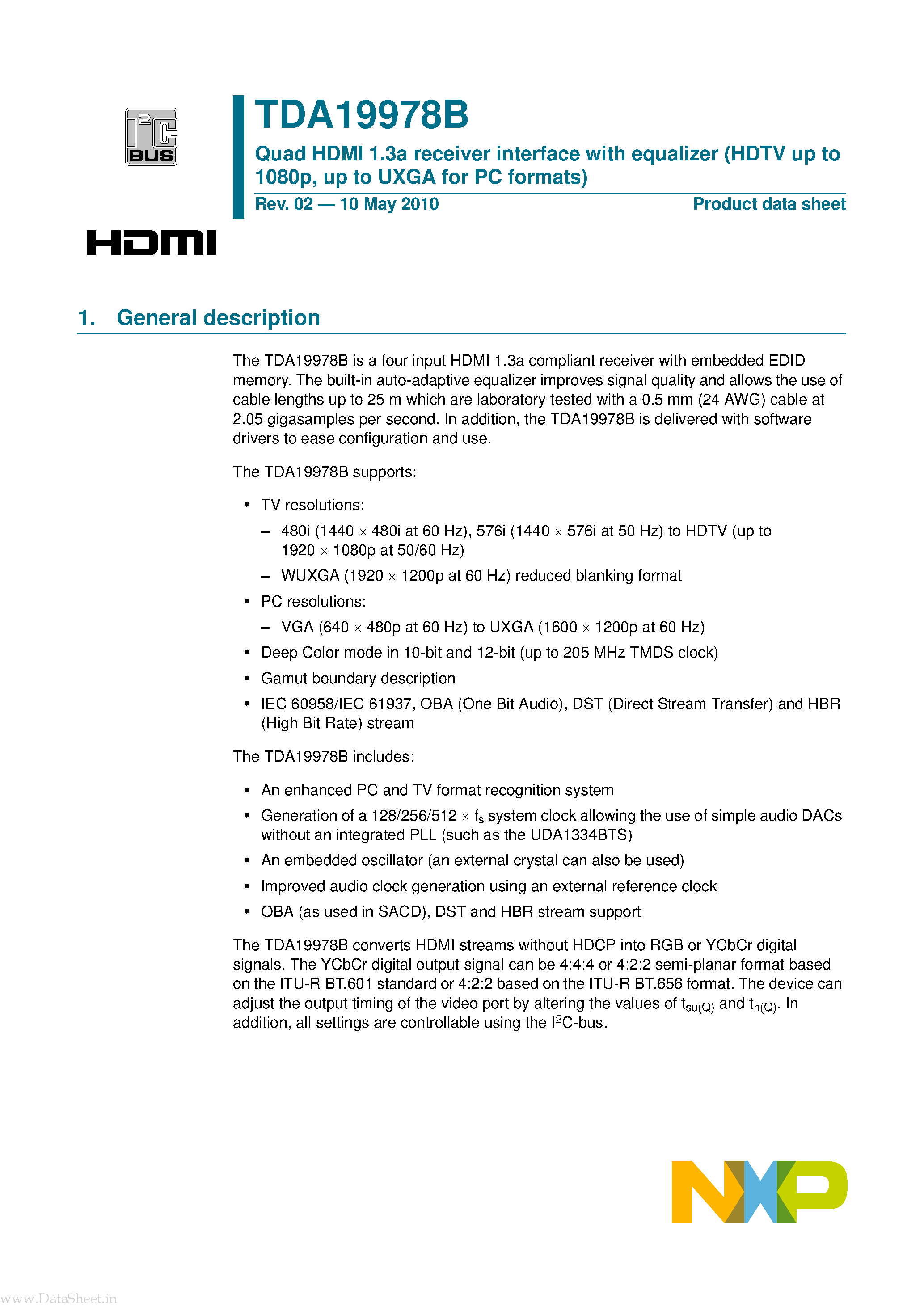 Даташит TDA19978B - Quad HDMI 1.3a receiver interface страница 1