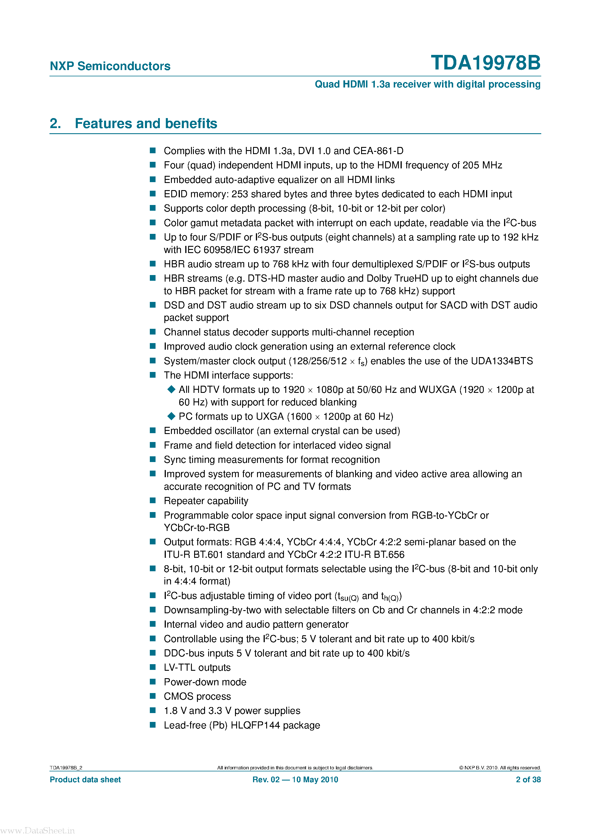 Datasheet TDA19978B page 2 Datasheet TDA19978B - Quad HDMI 1.3a receiver interface page 2
