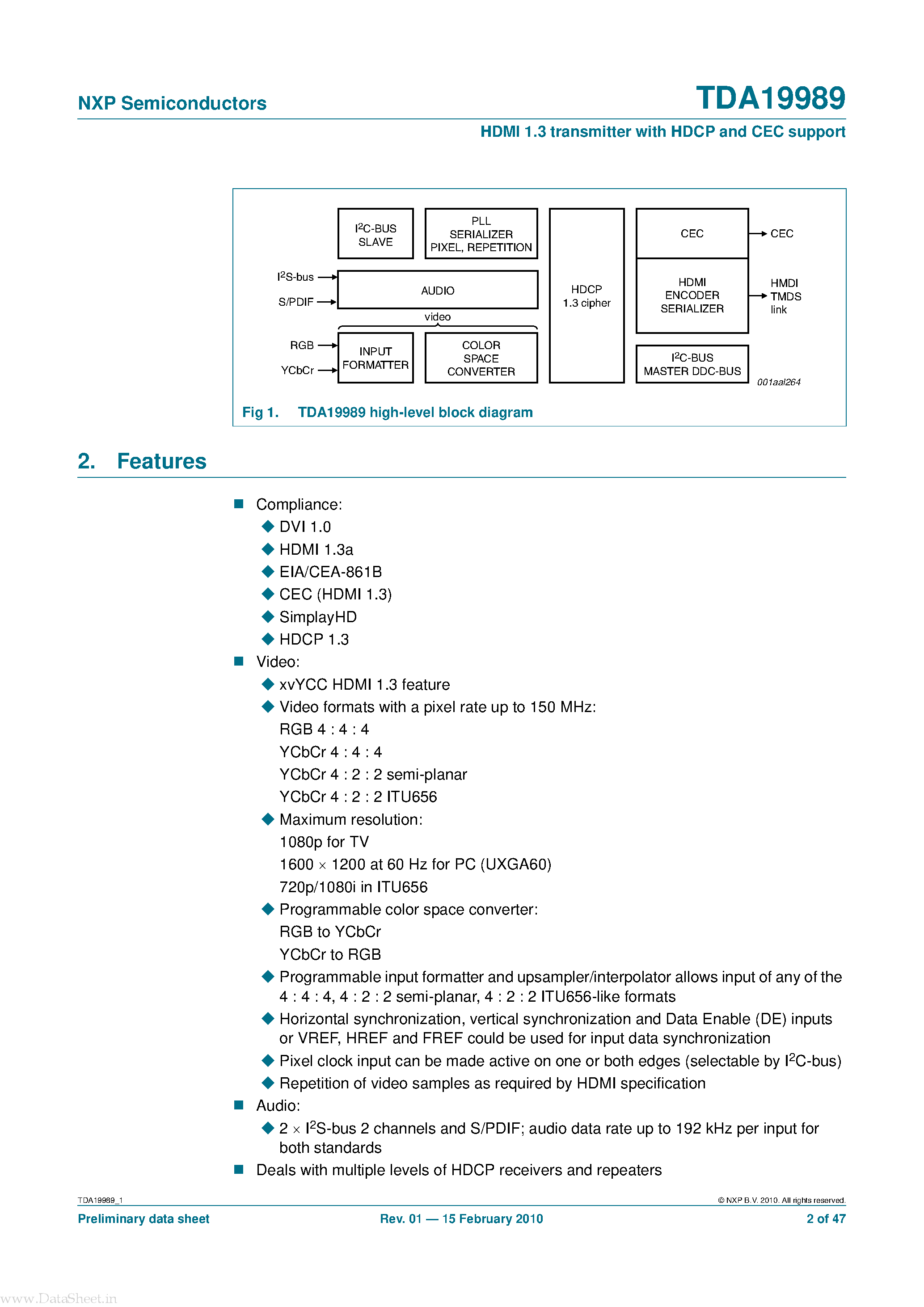 Datasheet TDA19989 page 2 Datasheet TDA19989 - 150 MHz pixel rate HDMI 1.3 transmitter page 2