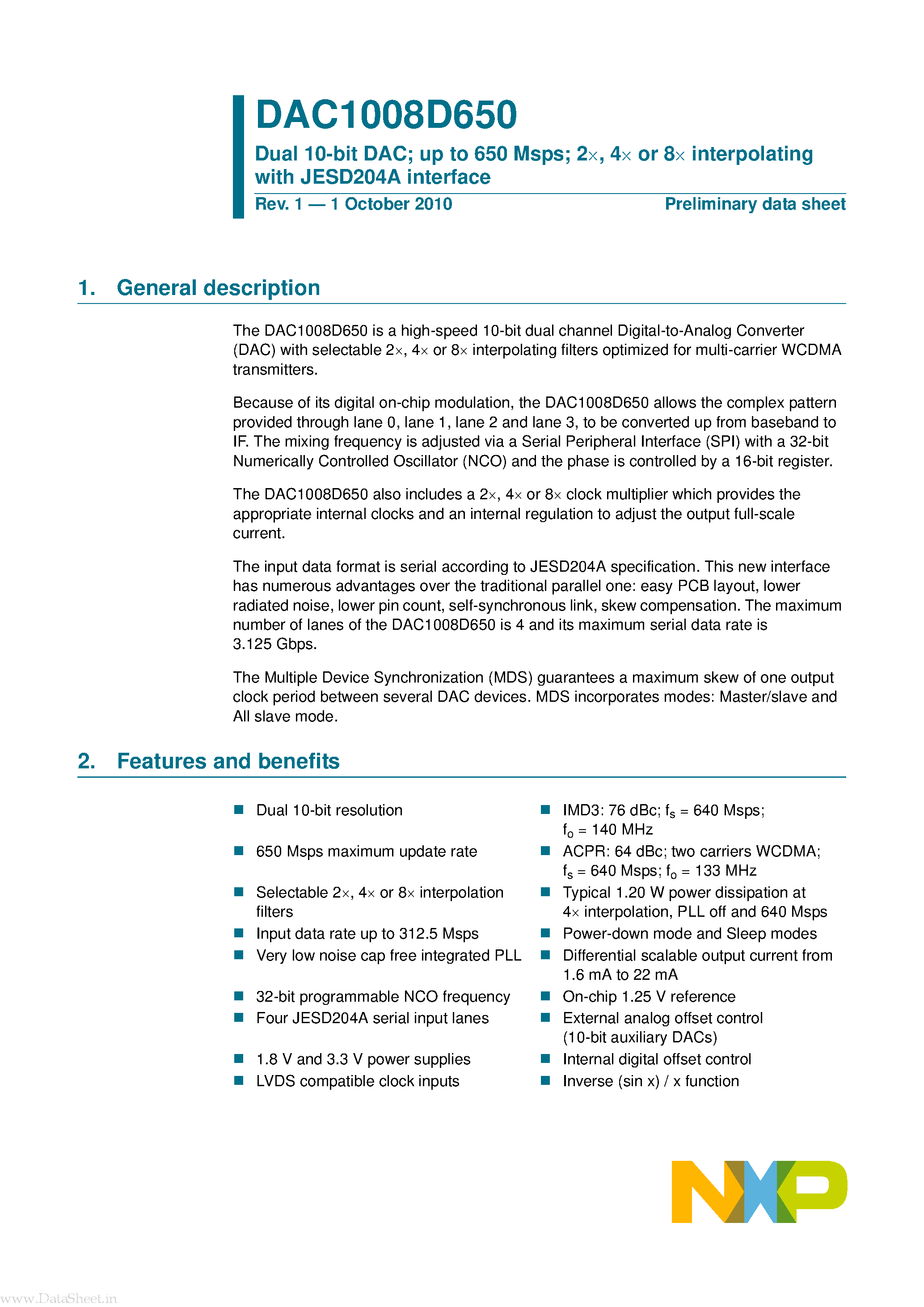 Даташит DAC1008D650 - Dual 10-bit DAC up to 650 Msps страница 1
