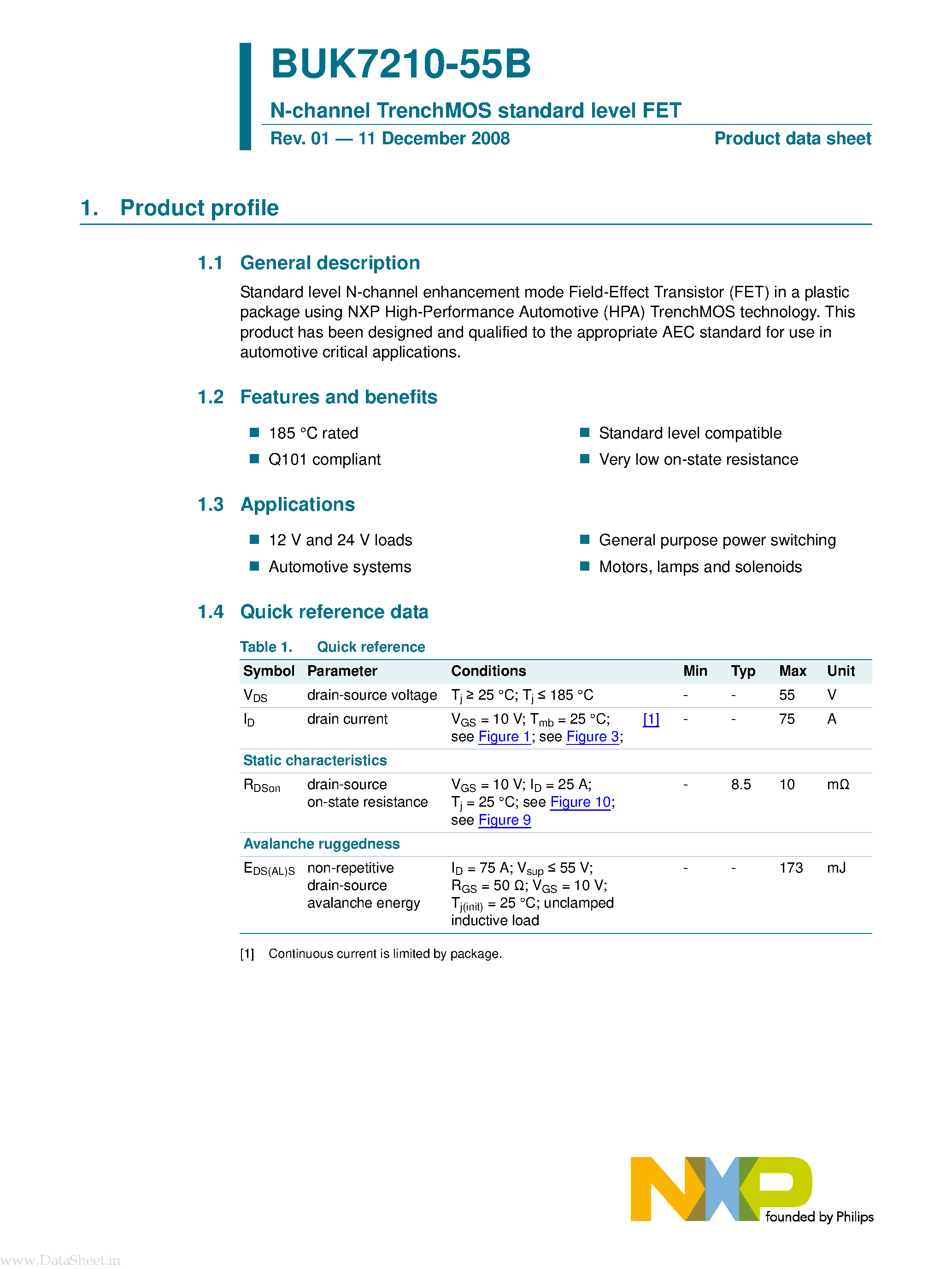 Datasheet BUK7210-55B - N-channel TrenchMOS standard level FET page 1