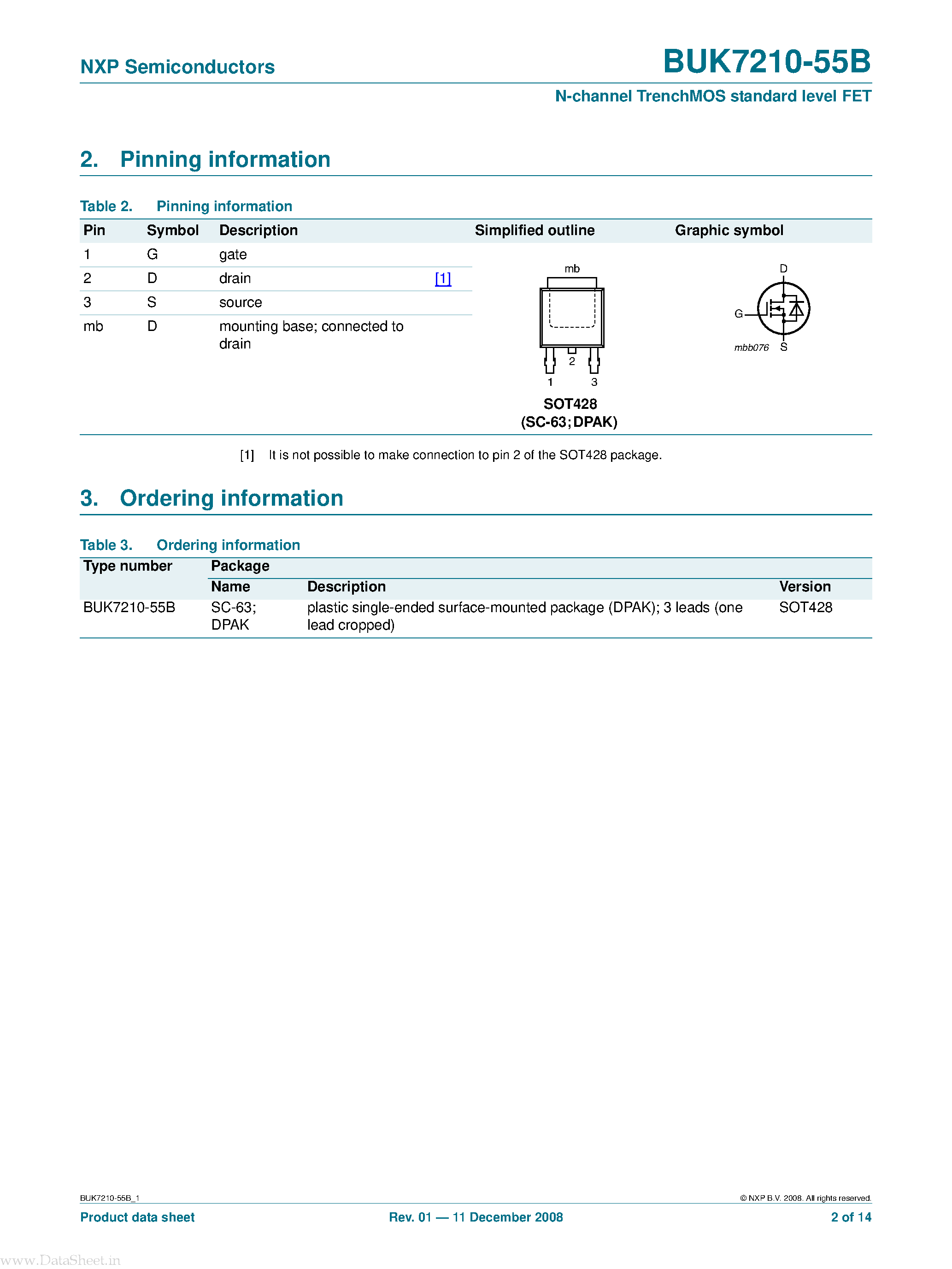 Datasheet BUK7210-55B - N-channel TrenchMOS standard level FET page 2