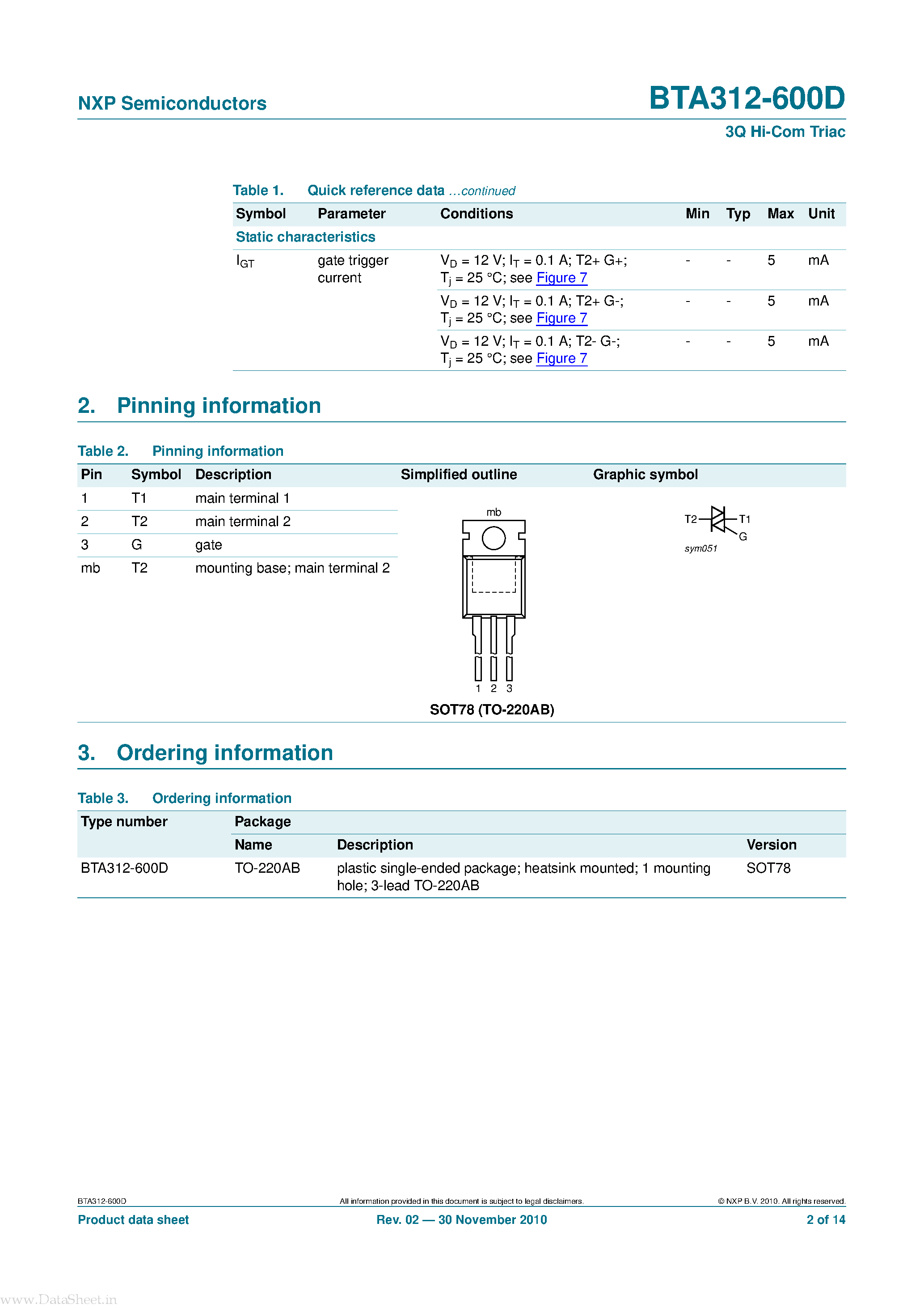 Datasheet BTA312-600D page 2 Datasheet BTA312-600D - 3Q Hi-Com Triac page 2