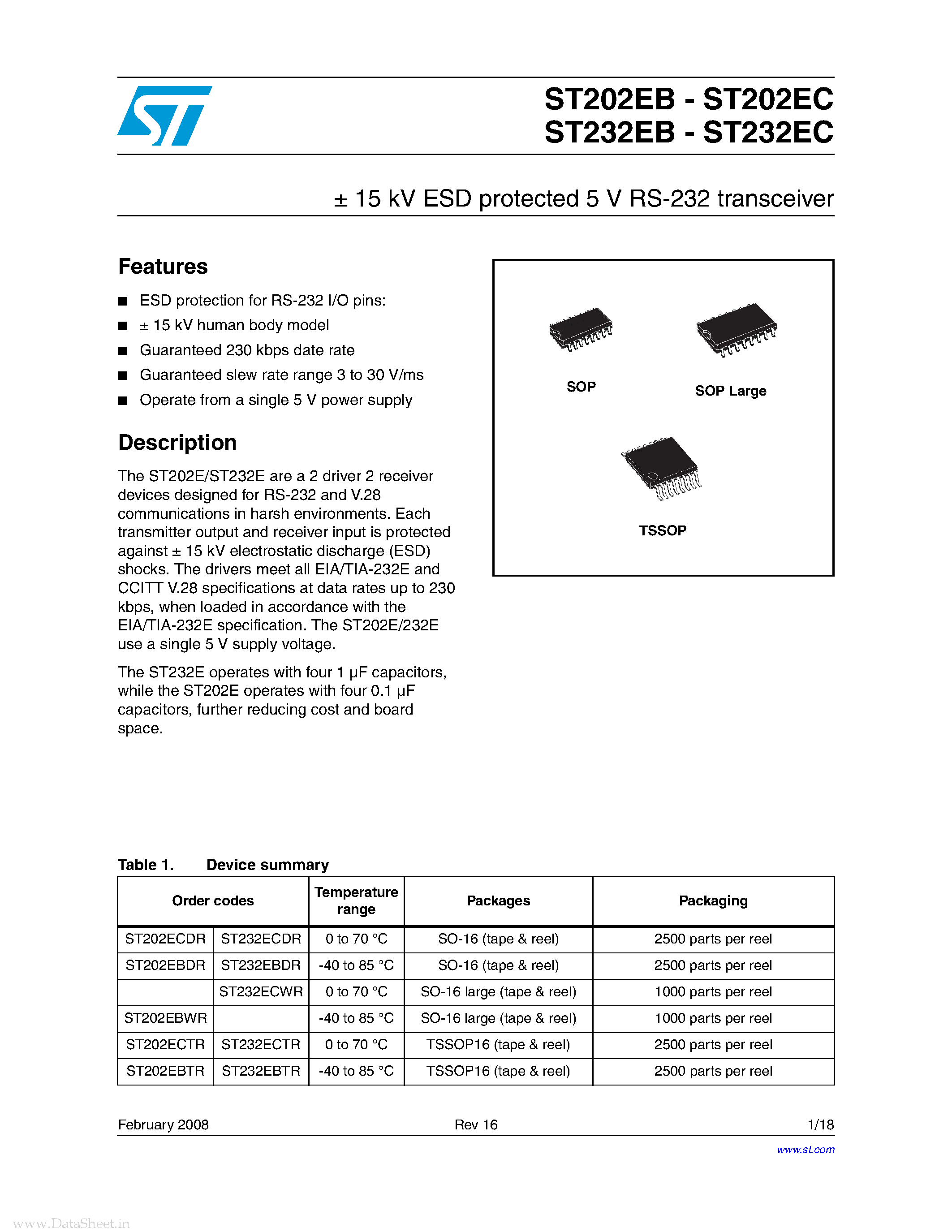 Даташит ST202EB - ESD protected 5V RS-232 transceiver страница 1