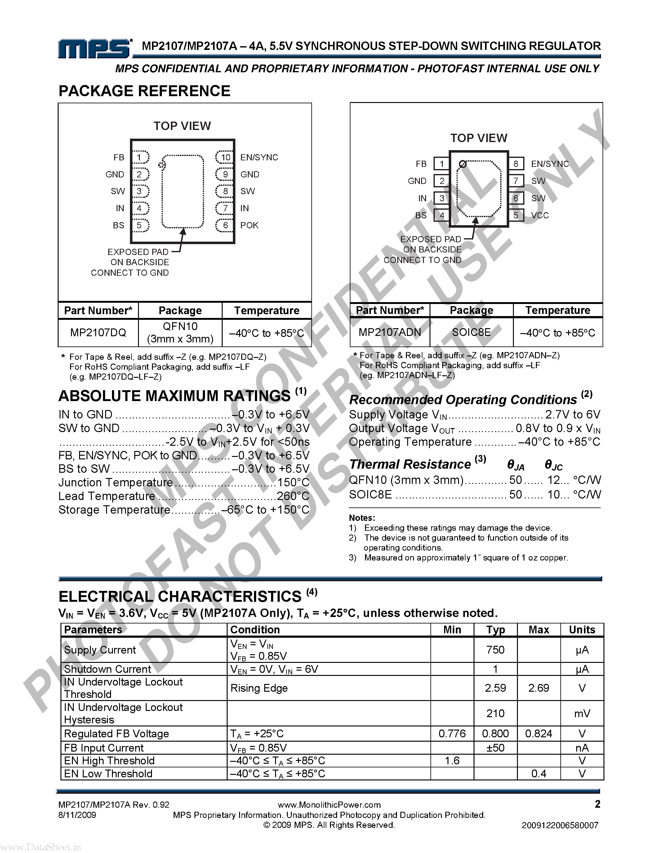 Datasheet MP2107 - 6V Synchronous Step-Down Switching Regulator page 2