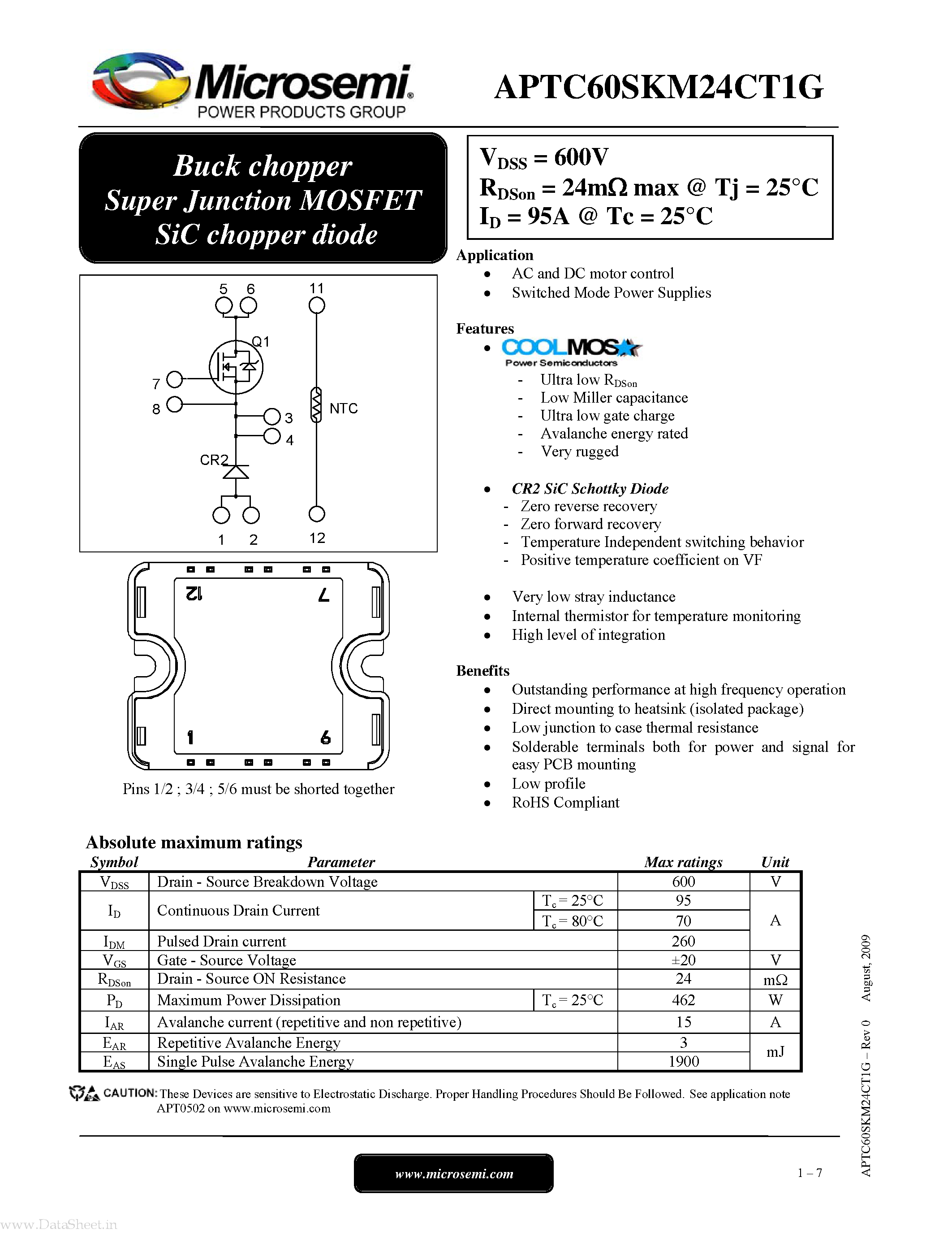 Datasheet APTC60SKM24CT1G page 1 Datasheet APTC60SKM24CT1G - Buck chopper Super Junction MOSFET SiC chopper diode page 1