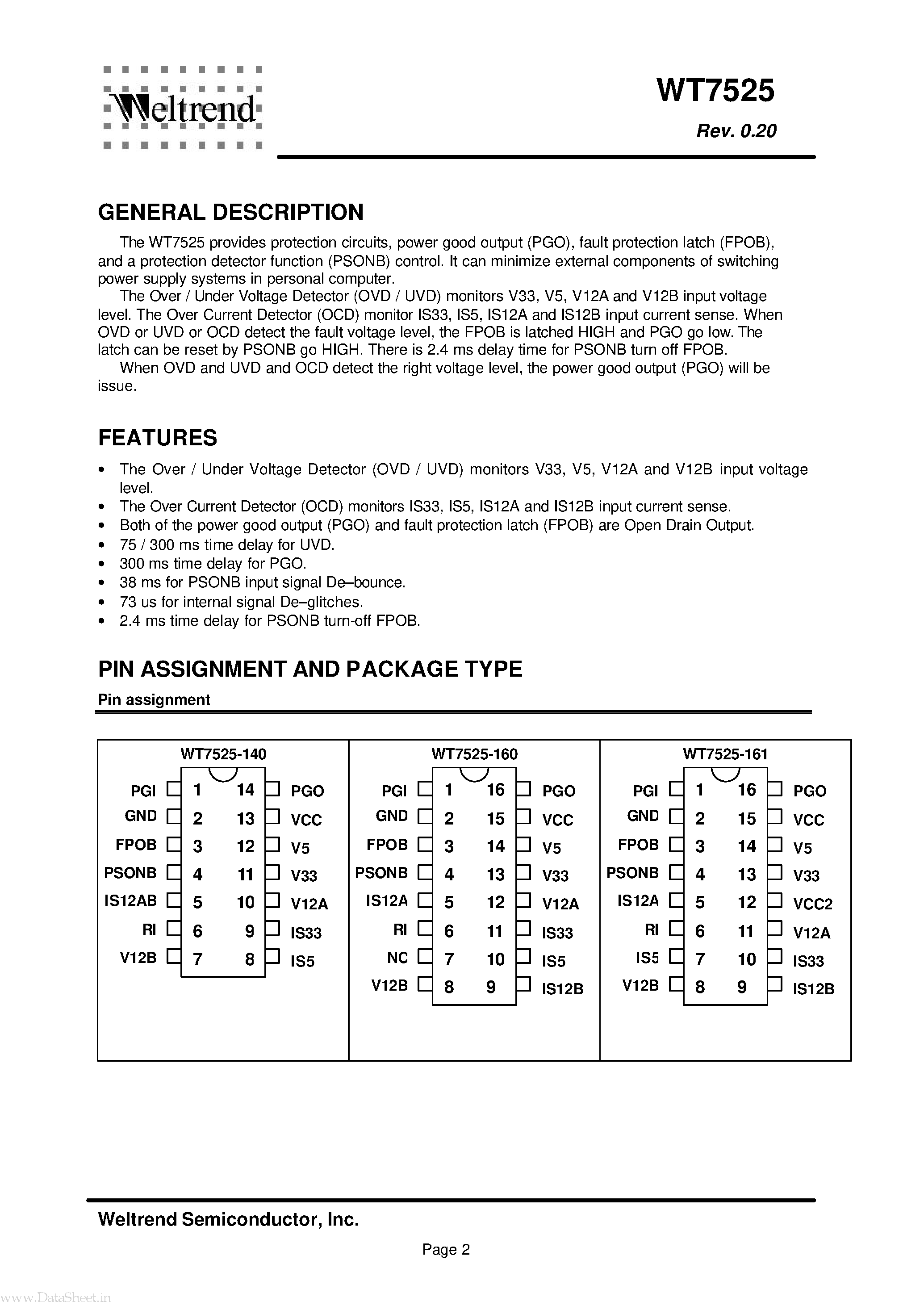 Даташит на микросхему WT7525 страница 2 Даташит WT7525 - PC POWER SUPPLY SUPERVISOR страница 2