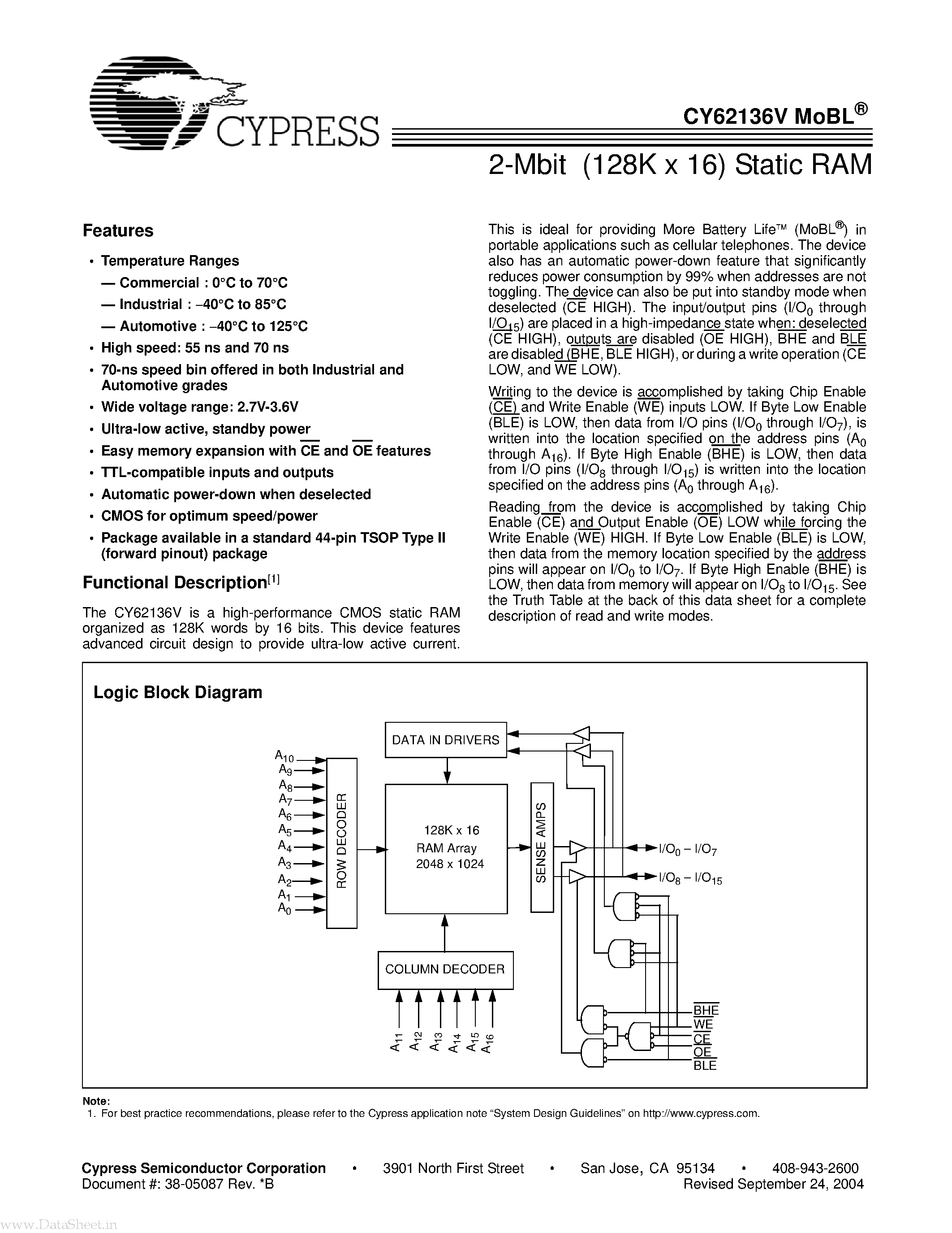 Даташит CY62136V - 2-Mbit (128K x 16) Static RAM страница 1