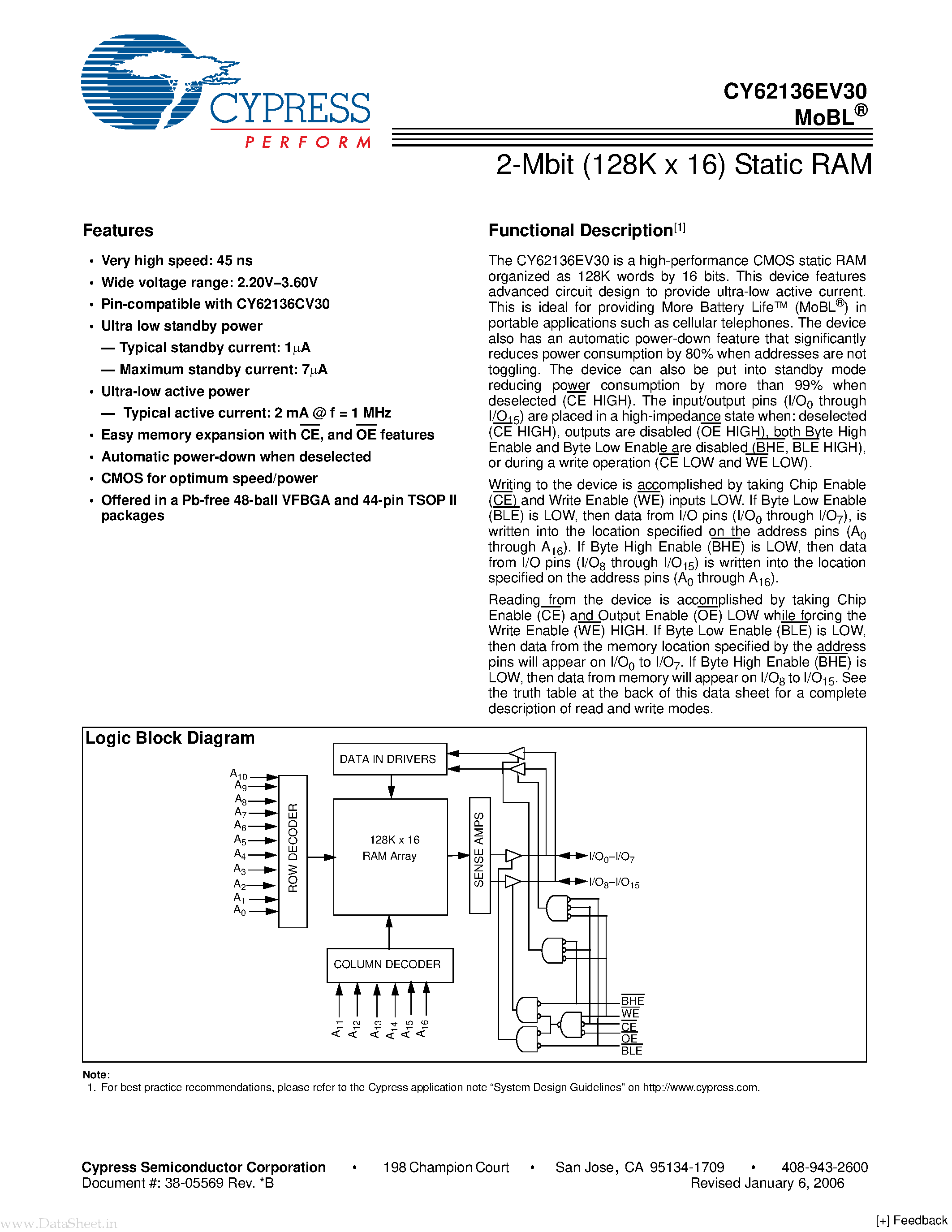 Даташит CY62136EV30 - 2-Mbit (128K x 16) Static RAM страница 1