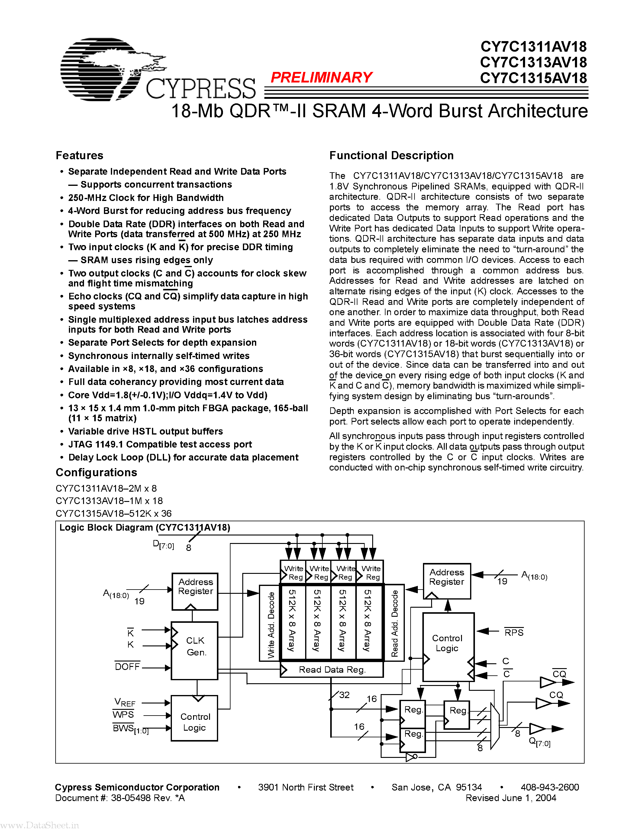 Datasheet CY7C1311AV18 - (CY7C131xAV18) 18-Mb QDRTM-II SRAM 4-Word Burst Architecture page 1