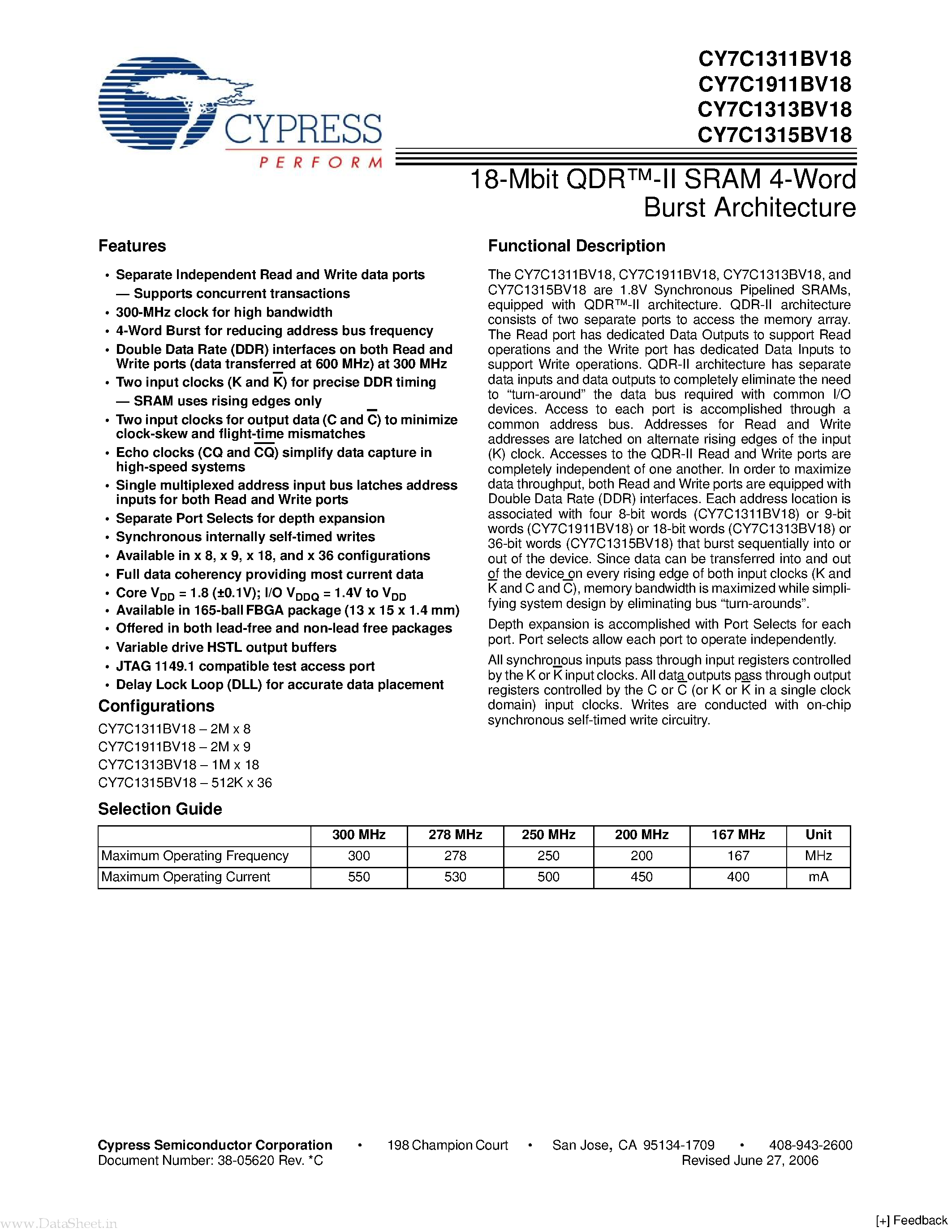 Datasheet CY7C1311BV18 page 1 Datasheet CY7C1311BV18 - (CY7C1x1xBV18) 18-Mb QDRTM-II SRAM 4-Word Burst Architecture page 1