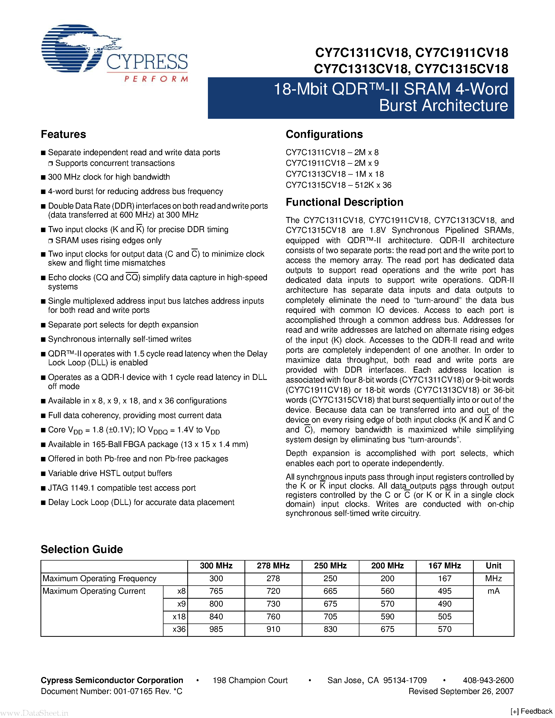 Datasheet CY7C1311CV18 - (CY7C1x1xCV18) 18-Mb QDRTM-II SRAM 4-Word Burst Architecture page 1