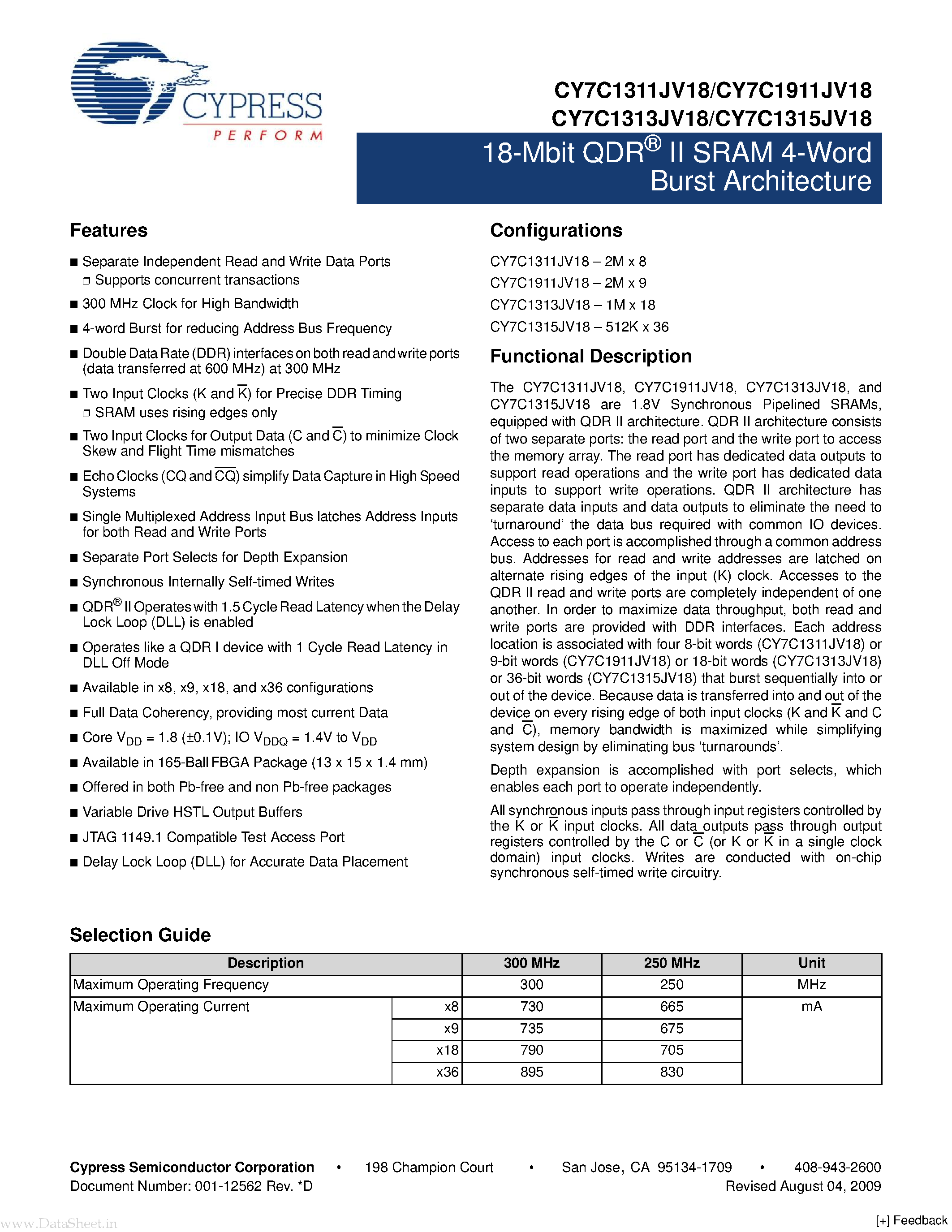 Datasheet CY7C1311JV18 - (CY7C1x1xJV18) 18-Mbit QDR II SRAM 4-Word Burst Architecture page 1