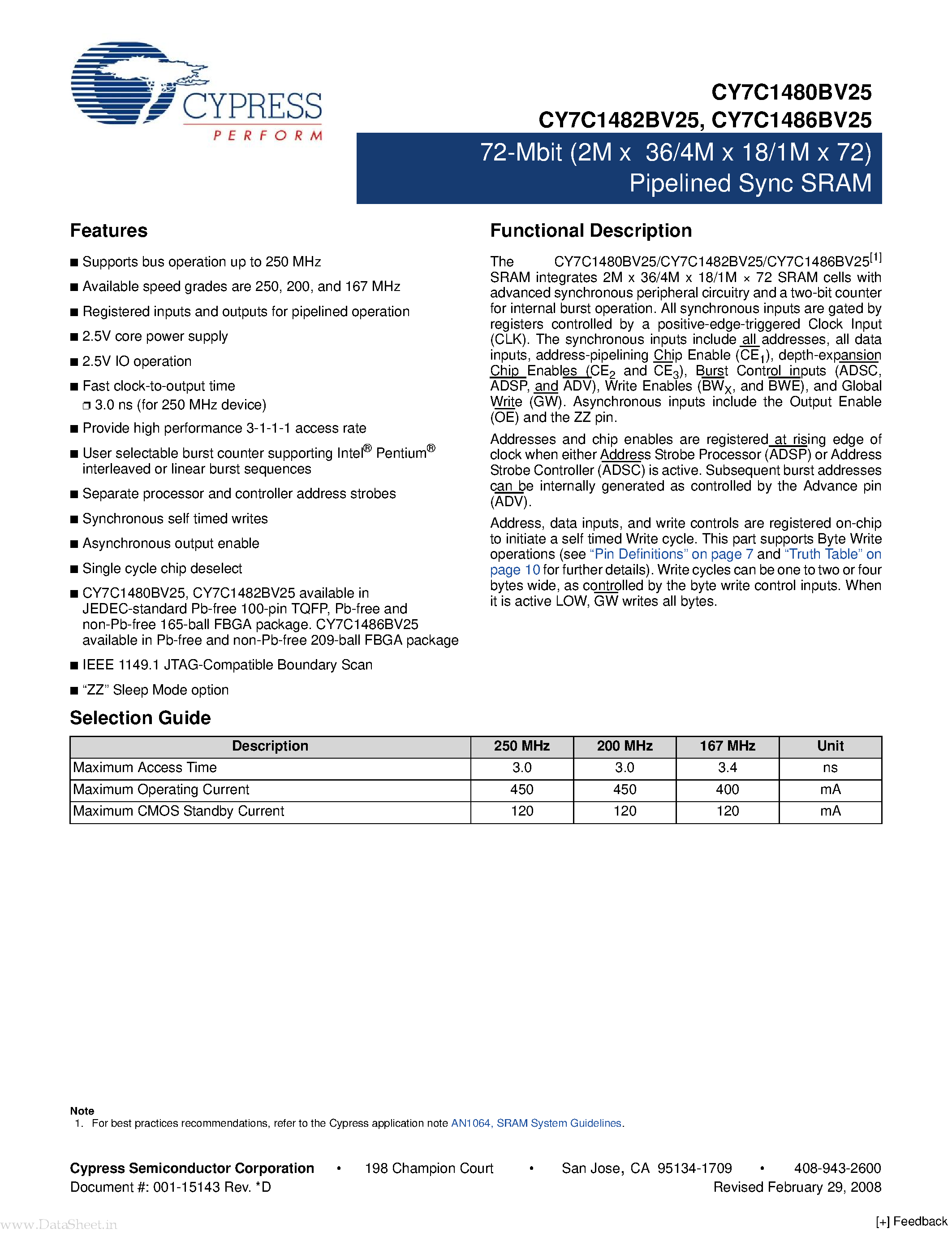 Datasheet CY7C1480BV25 - (CY7C148xBV25) 72-Mbit (2M x 36/4M x 18/1M x 72) Pipelined Sync SRAM page 1