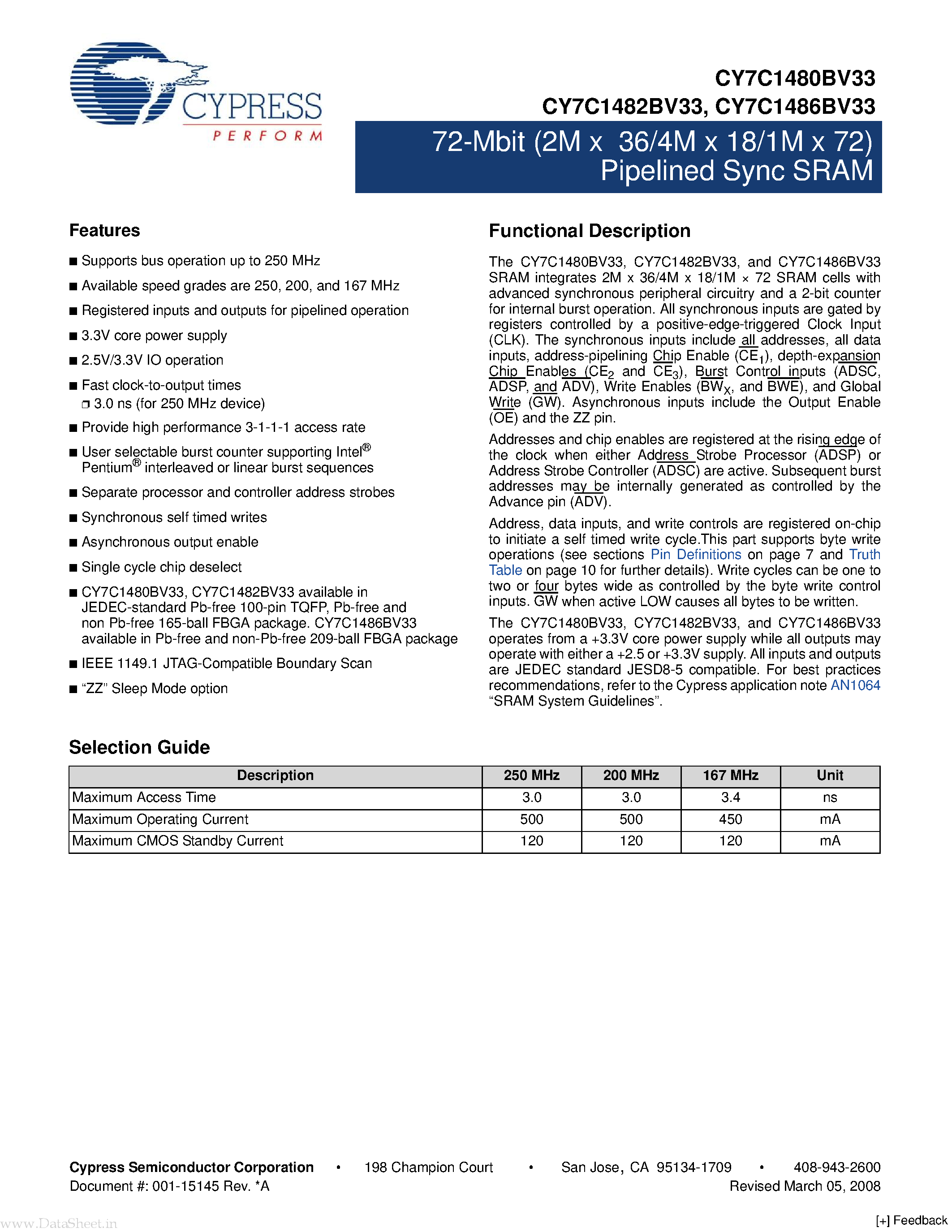 Datasheet CY7C1480BV33 page 1 Datasheet CY7C1480BV33 - (CY7C148xBV33) 72-Mbit (2M x 36/4M x 18/1M x 72) Pipelined Sync SRAM page 1