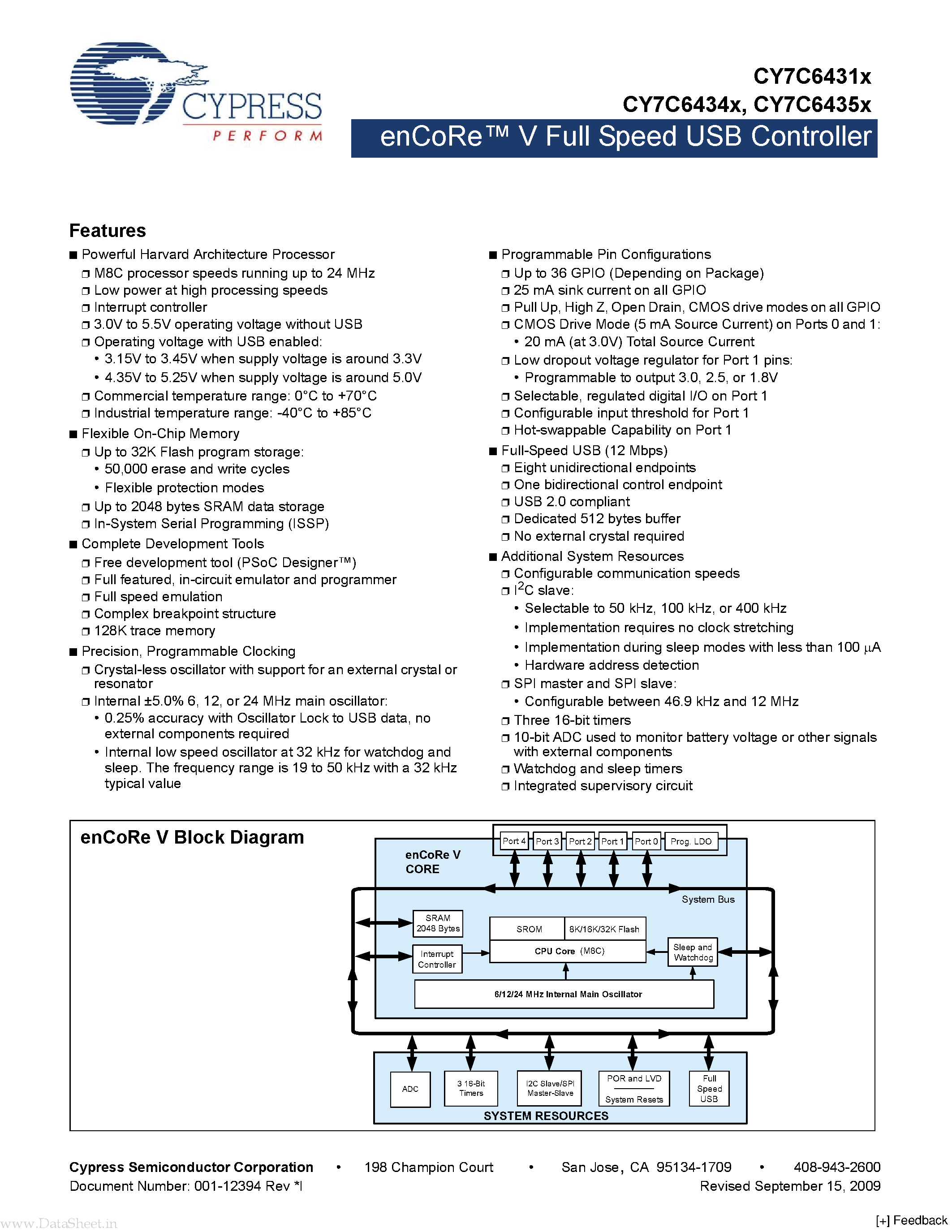 Datasheet CY7C64315 - (CY7C6431X - CY7C6435X) enCoRe V Full Speed USB Controller page 1