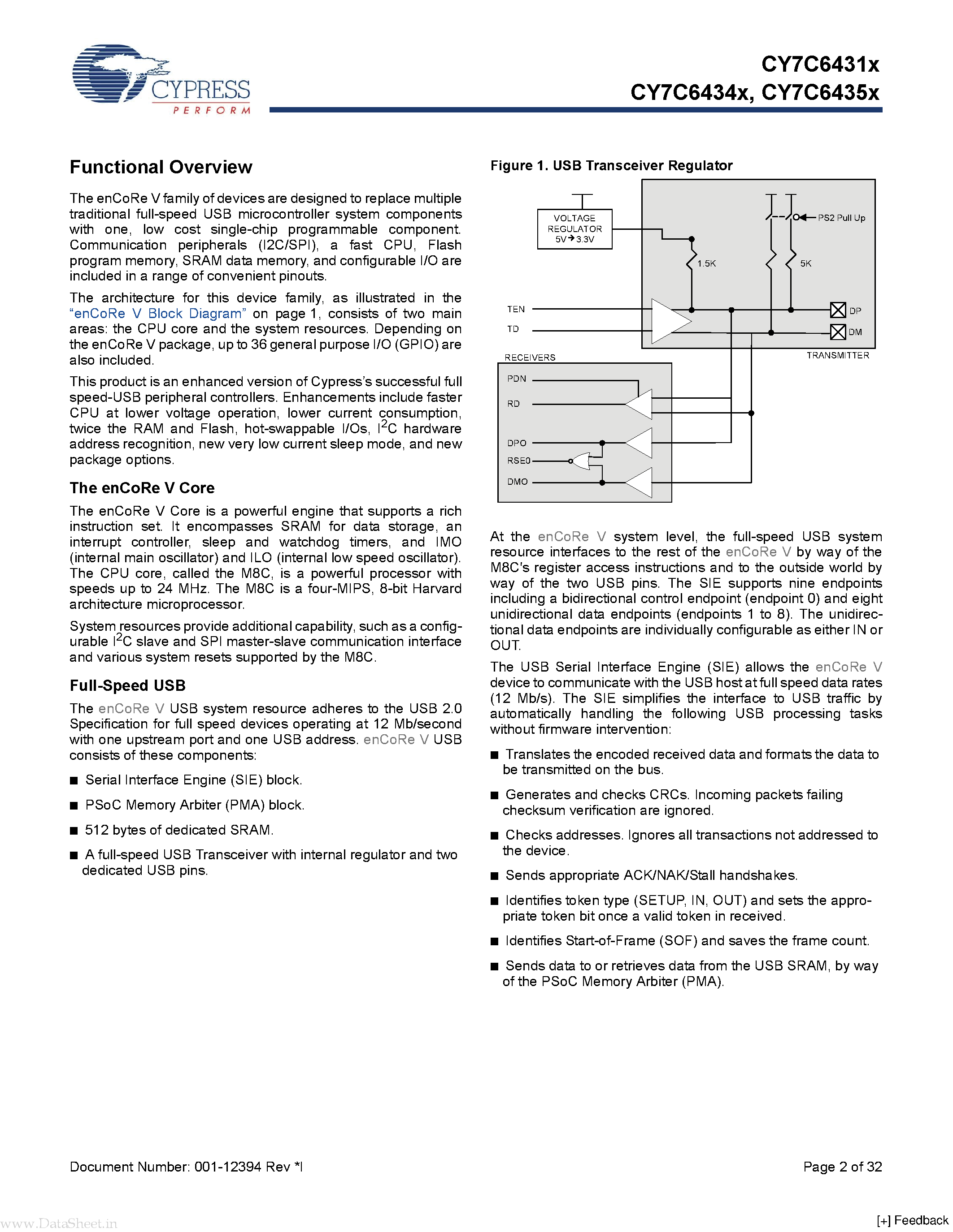 Datasheet CY7C64315 - (CY7C6431X - CY7C6435X) enCoRe V Full Speed USB Controller page 2