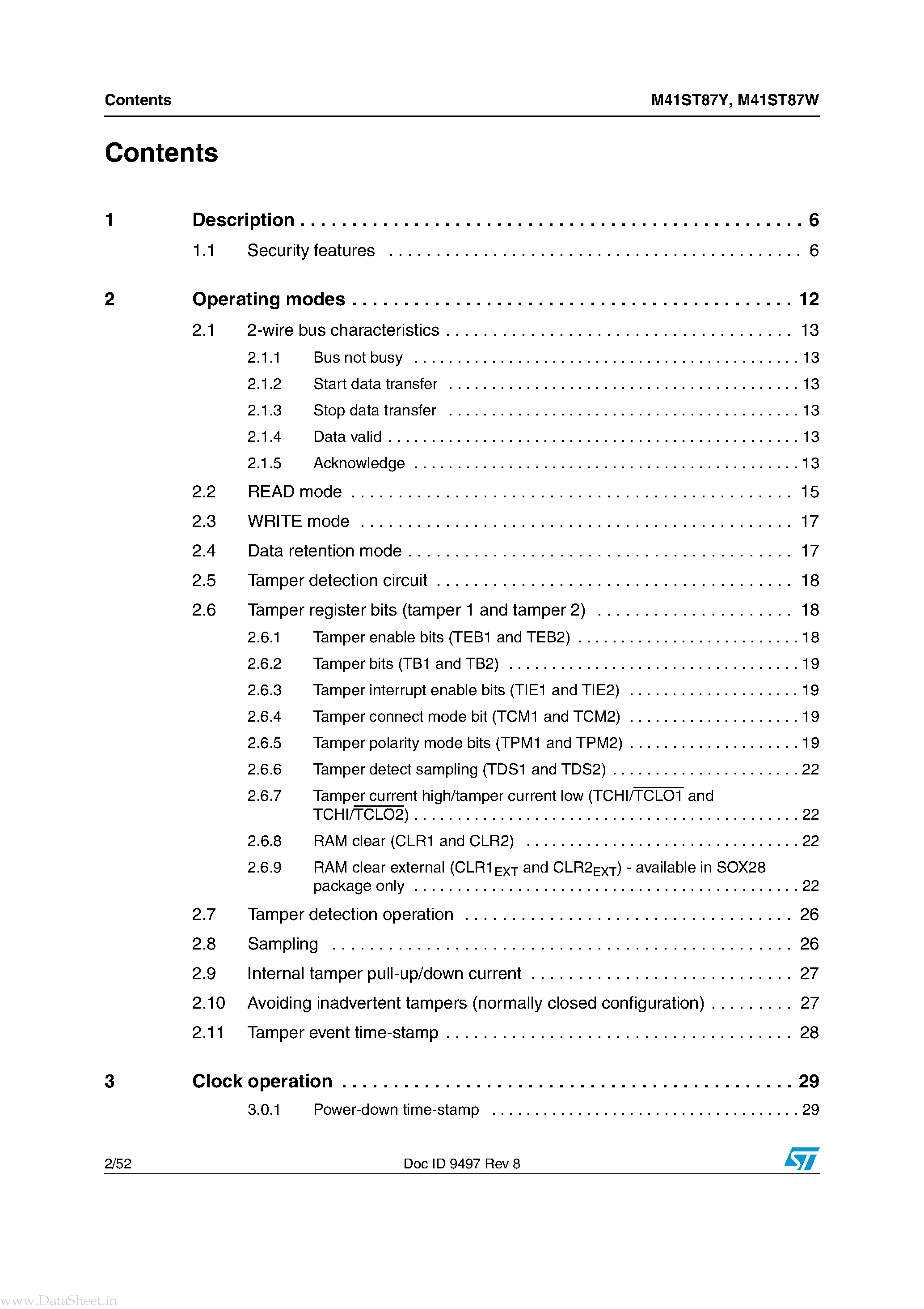 Datasheet M41ST87W - 5.0 V and 3.3/3.0 V secure serial RTC and NVRAM supervisor page 2