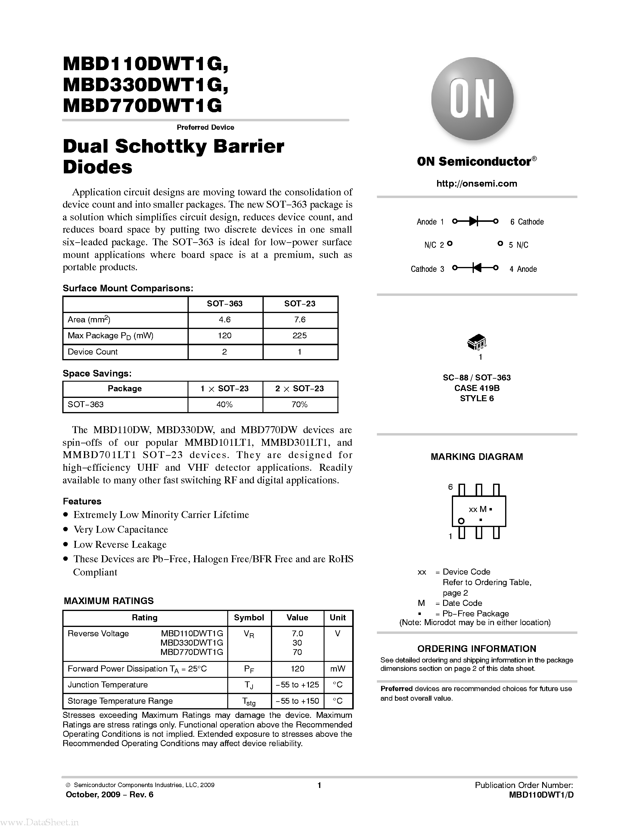 Даташит на микросхему MBD110DWT1G страница 1 Даташит MBD110DWT1G - (MBDxx0DWT1G) Dual Schottky Barrier Diodes страница 1