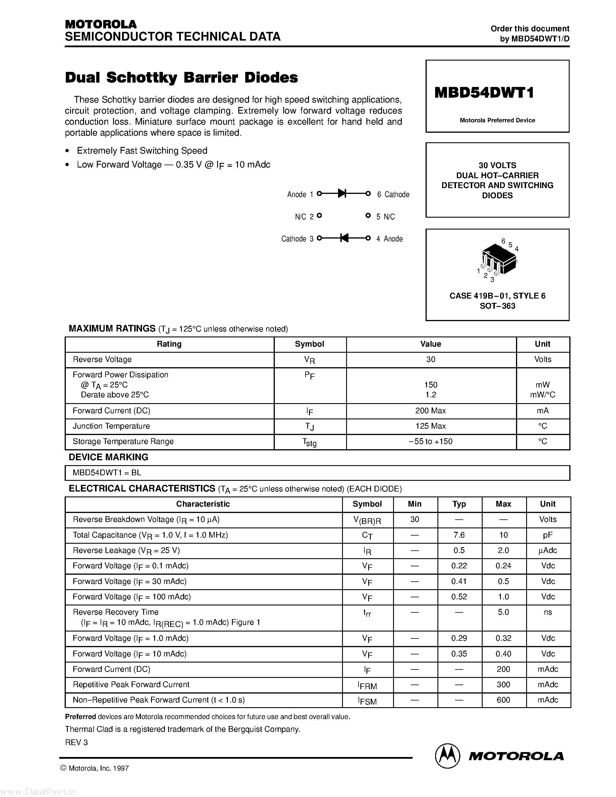 Даташит на микросхему MBD54DWT1 страница 1 Даташит MBD54DWT1 - 30 VOLTS DUAL HOT.CARRIER DETECTOR AND SWITCHING DIODES страница 1