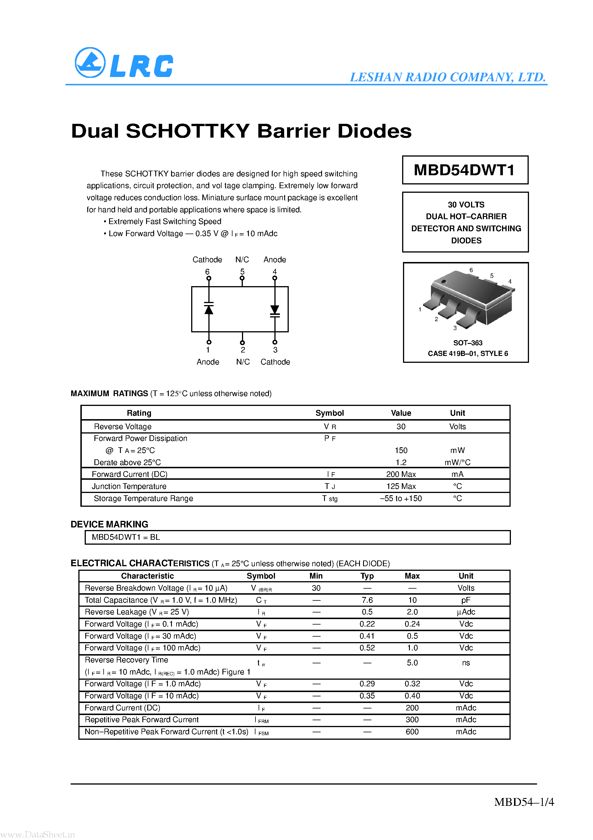 Даташит на микросхему MBD54DWT1 страница 1 Даташит MBD54DWT1 - Dual SCHOTTKY Barrier Diodes страница 1
