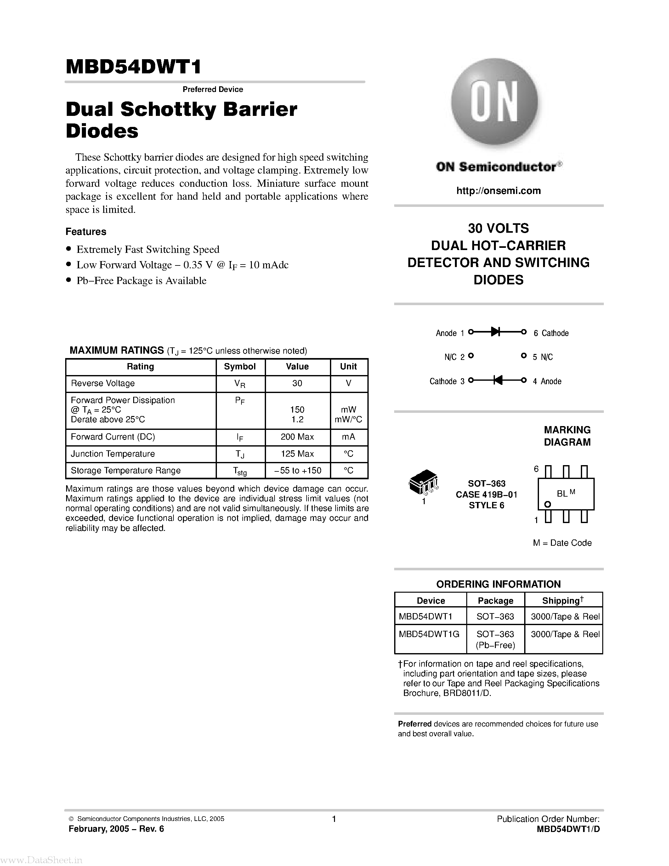 Даташит на микросхему MBD54DWT1 страница 1 Даташит MBD54DWT1 - Dual Schottky Barrier Diodes страница 1