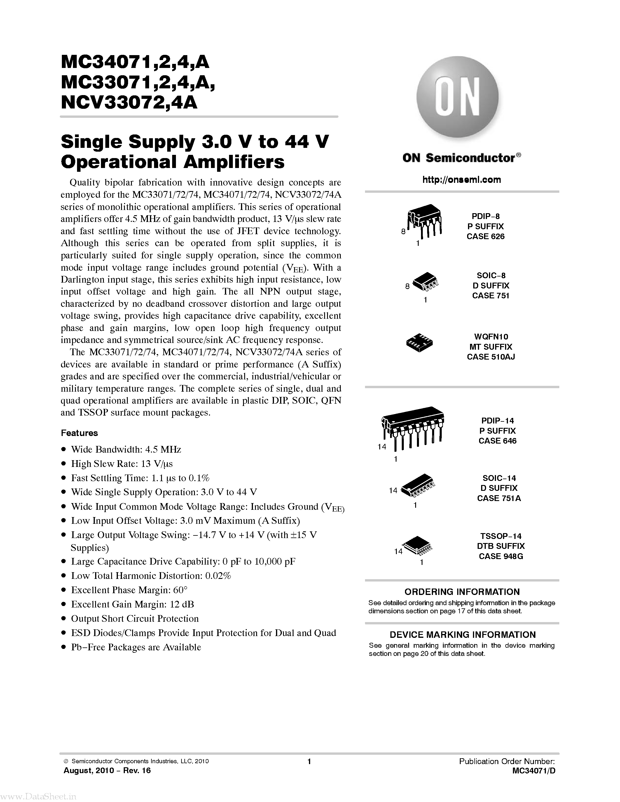 Datasheet NCV3304A - (NCV3304A / NCV33072A) Single Supply 3.0V to 44V Operational Amplifiers page 1